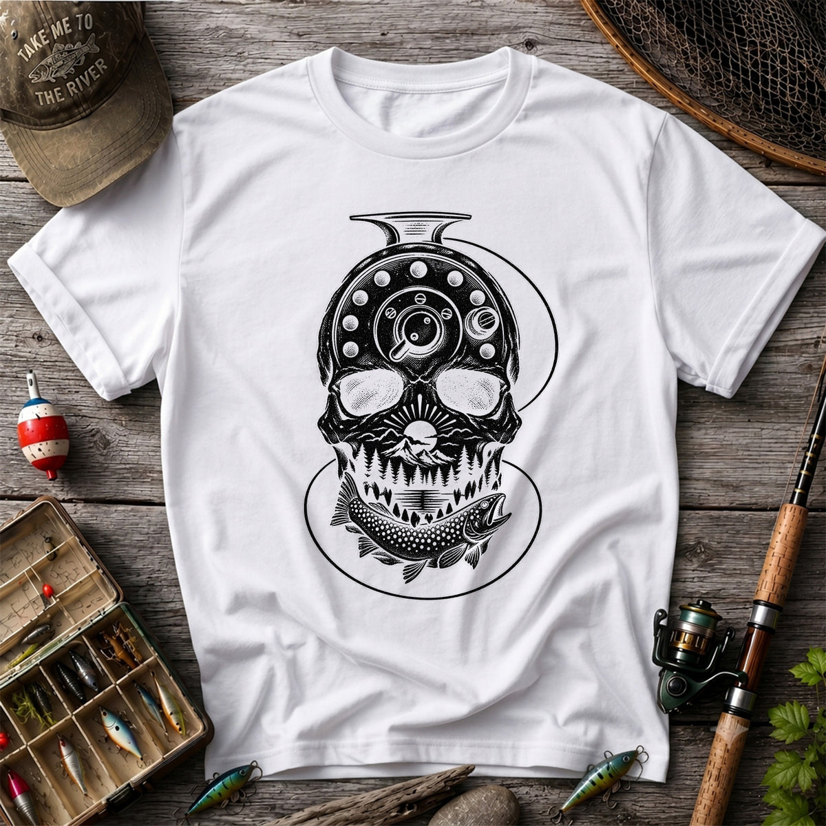 Trout and Fly Fishing Reel Skull Mountain Graphic T-Shirt