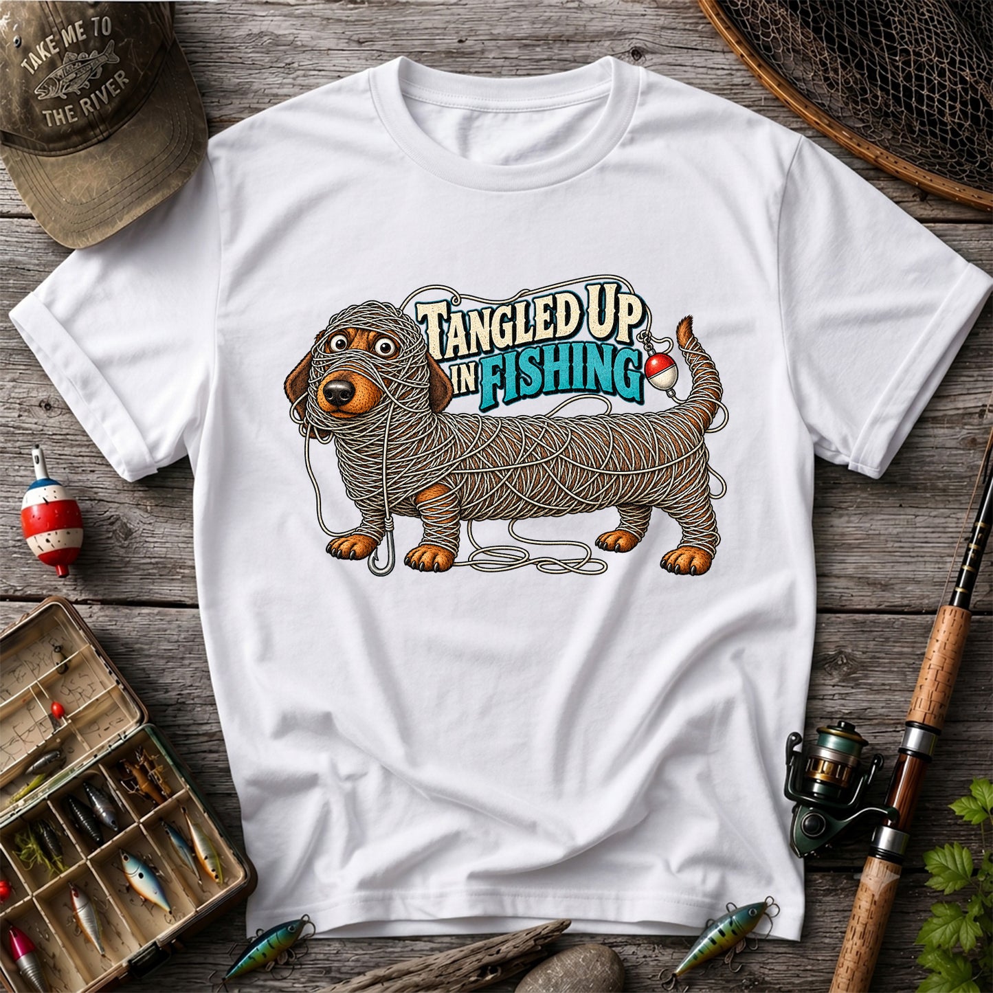 Tangled Up in Fishing Funny Dachshund Dog Graphic T-Shirt