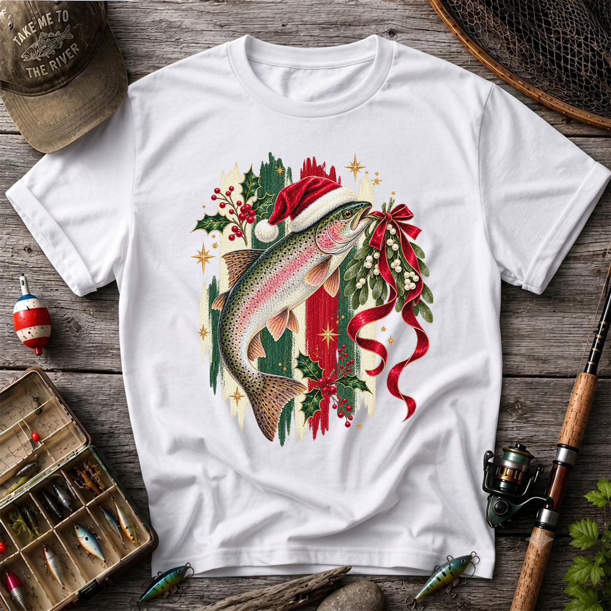 Christmas Santa Hat Rainbow Trout Fishing Graphic T-Shirt