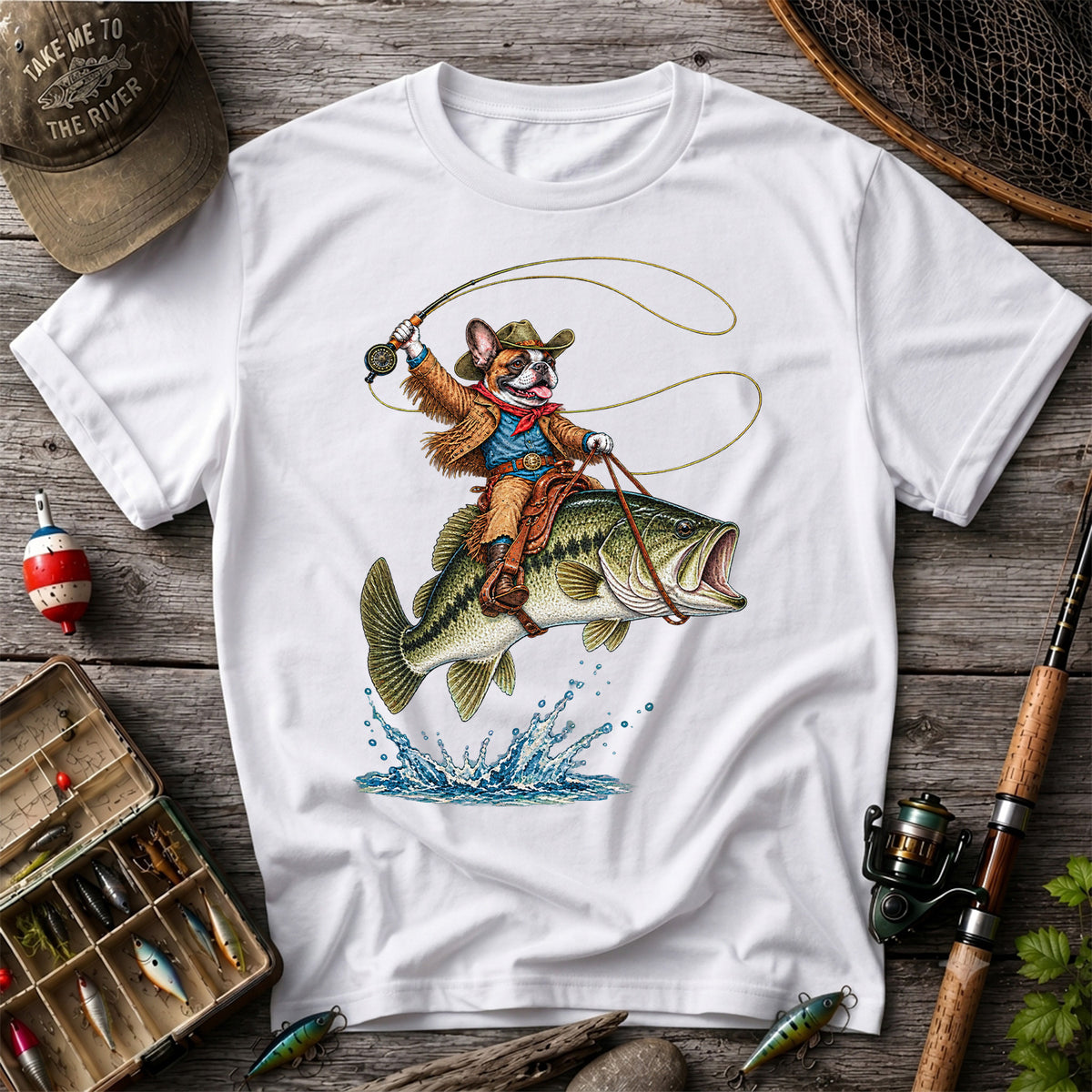 French Bulldog Cowboy Riding a Bass Fishing Graphic T-Shirt