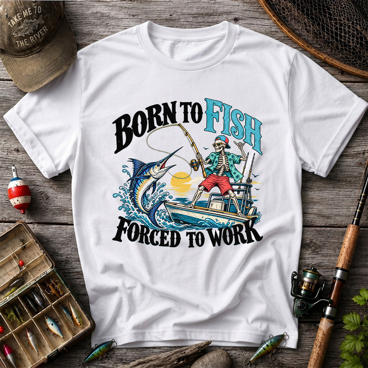 Skeleton Marlin Fishing Boat Graphic T-Shirt