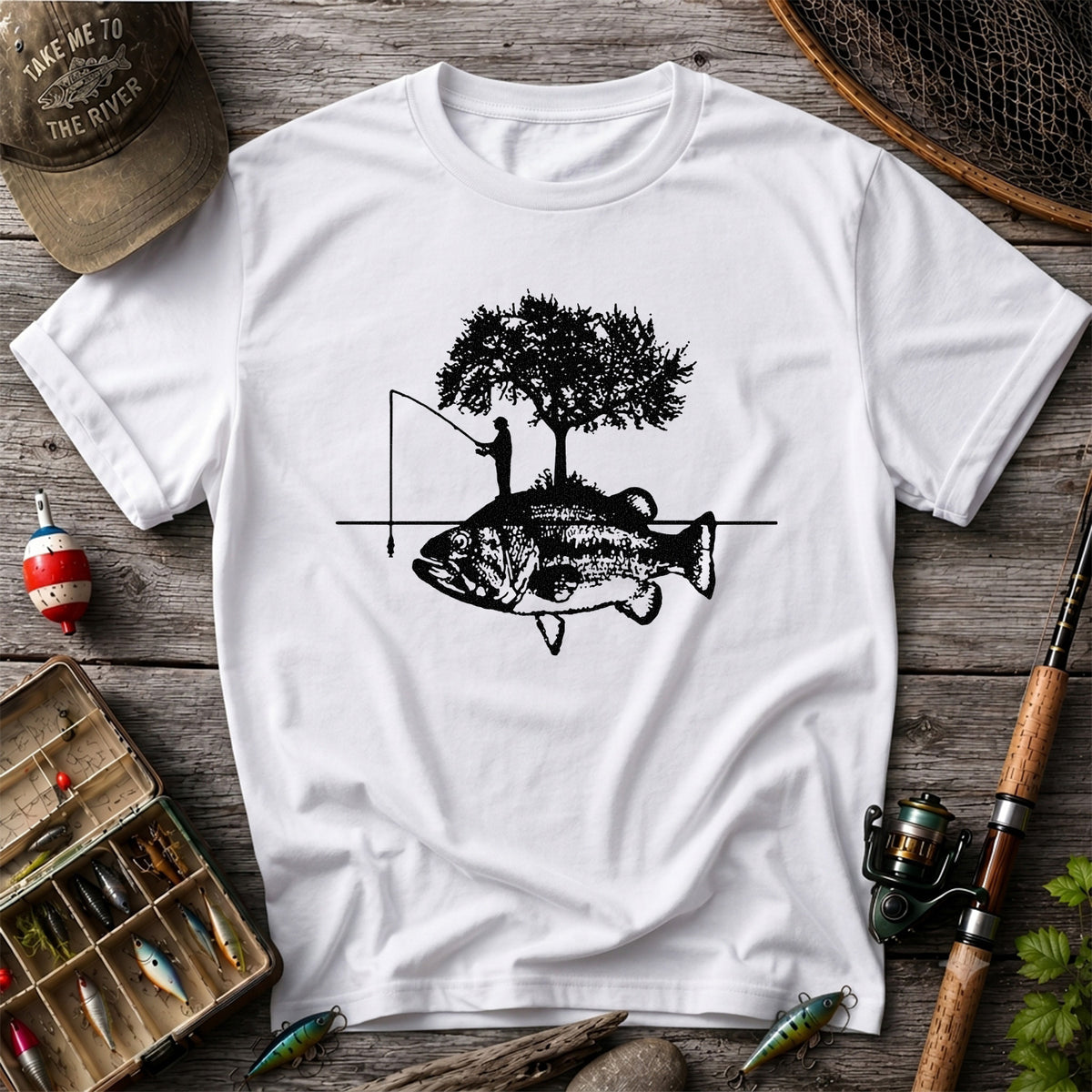 Fish and Tree Silhouette Fishing Graphic T-Shirt