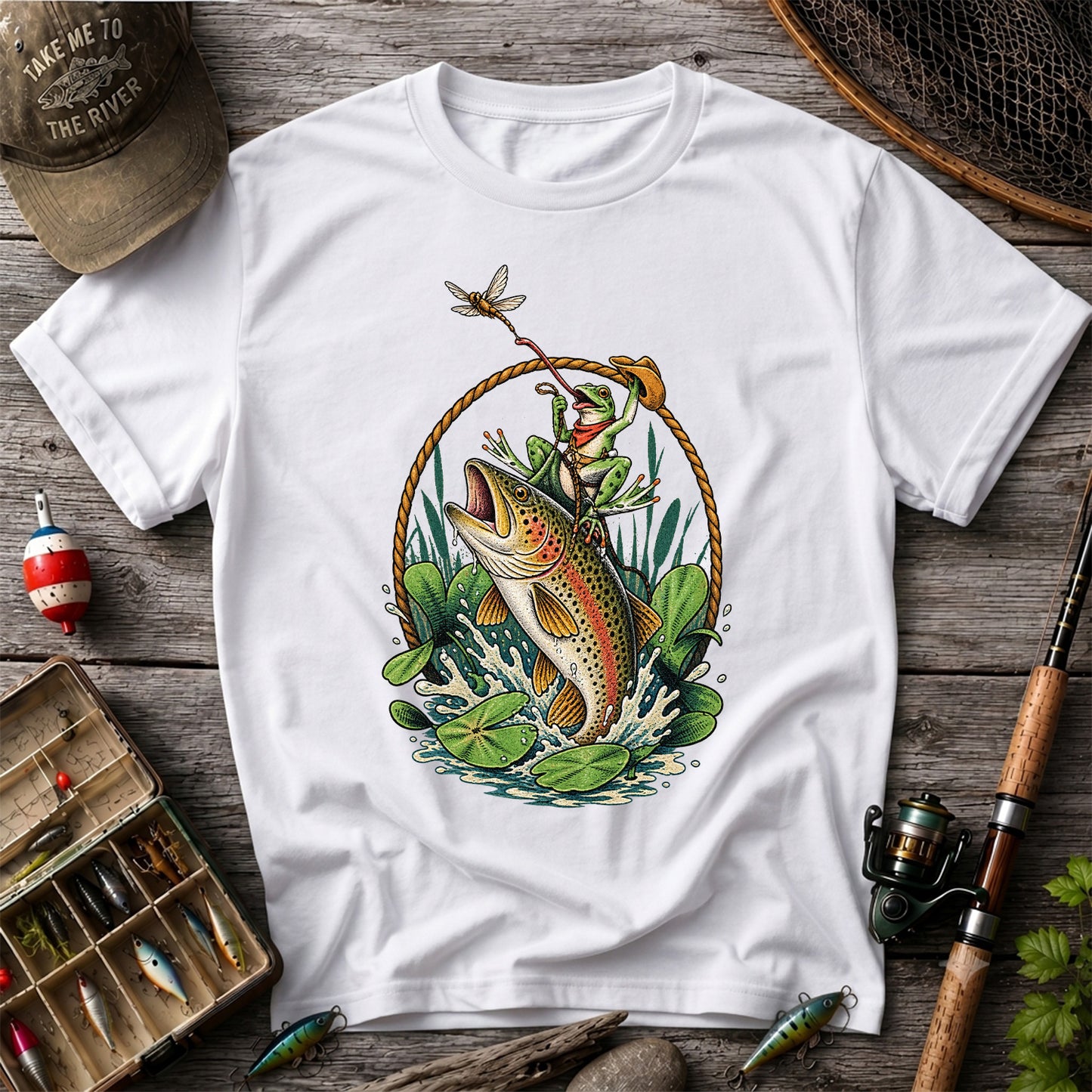Frog Riding a Rainbow Trout Fishing Graphic T-Shirt