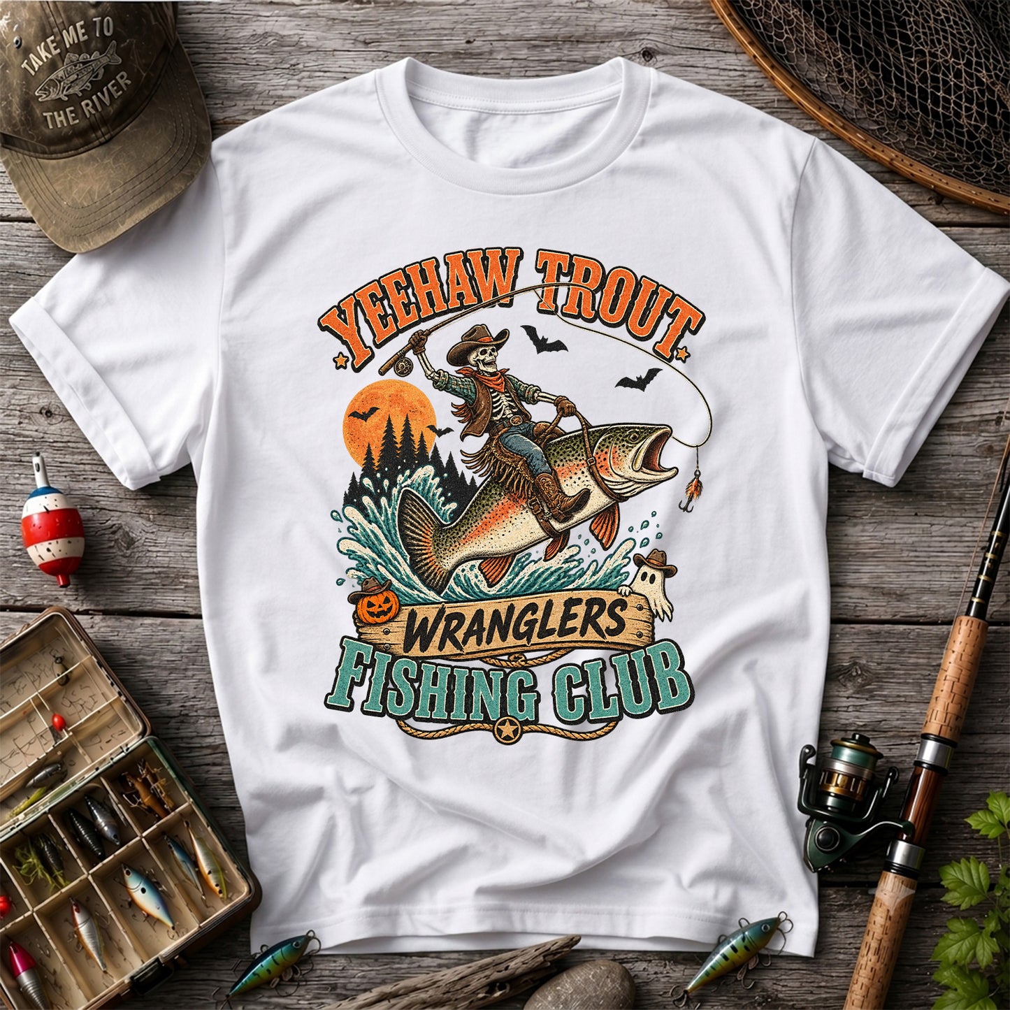 Yeehaw Trout Wranglers Fishing Club Halloween Skeleton Cowboy T-Shirt