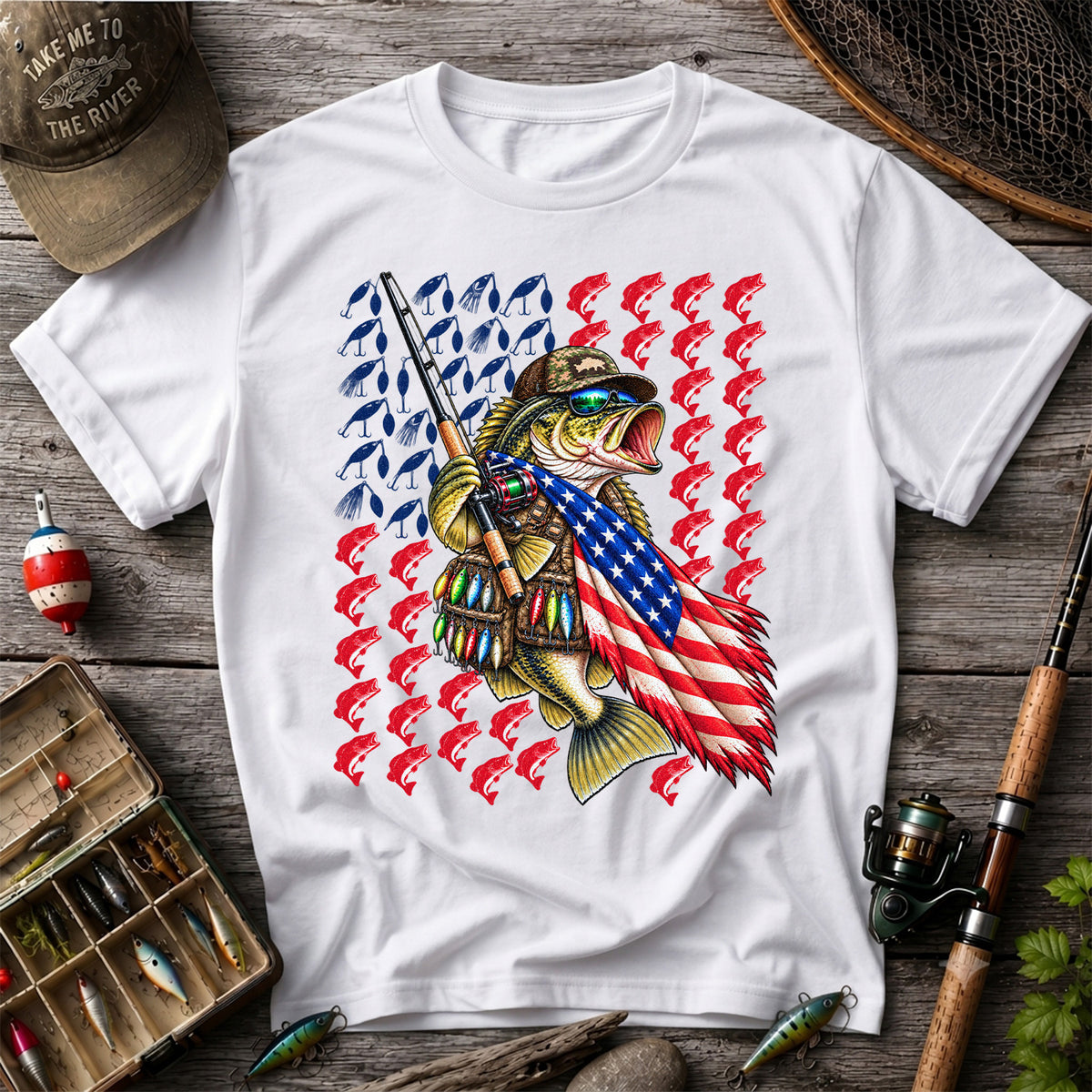 Patriotic Bass Fishing Graphic T-Shirt with American Flag Design