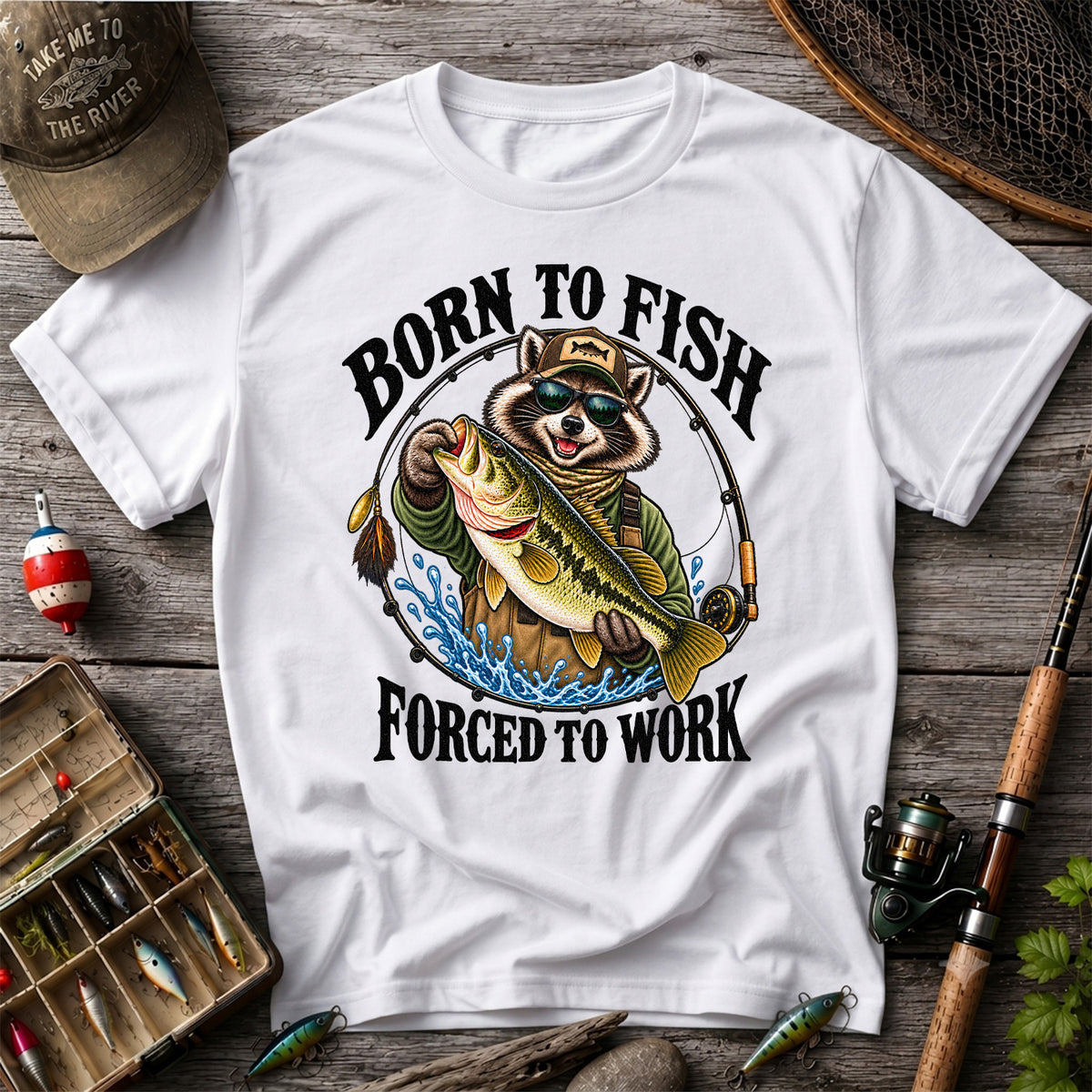 Born to Fish Forced to Work Raccoon Bass Graphic T-Shirt