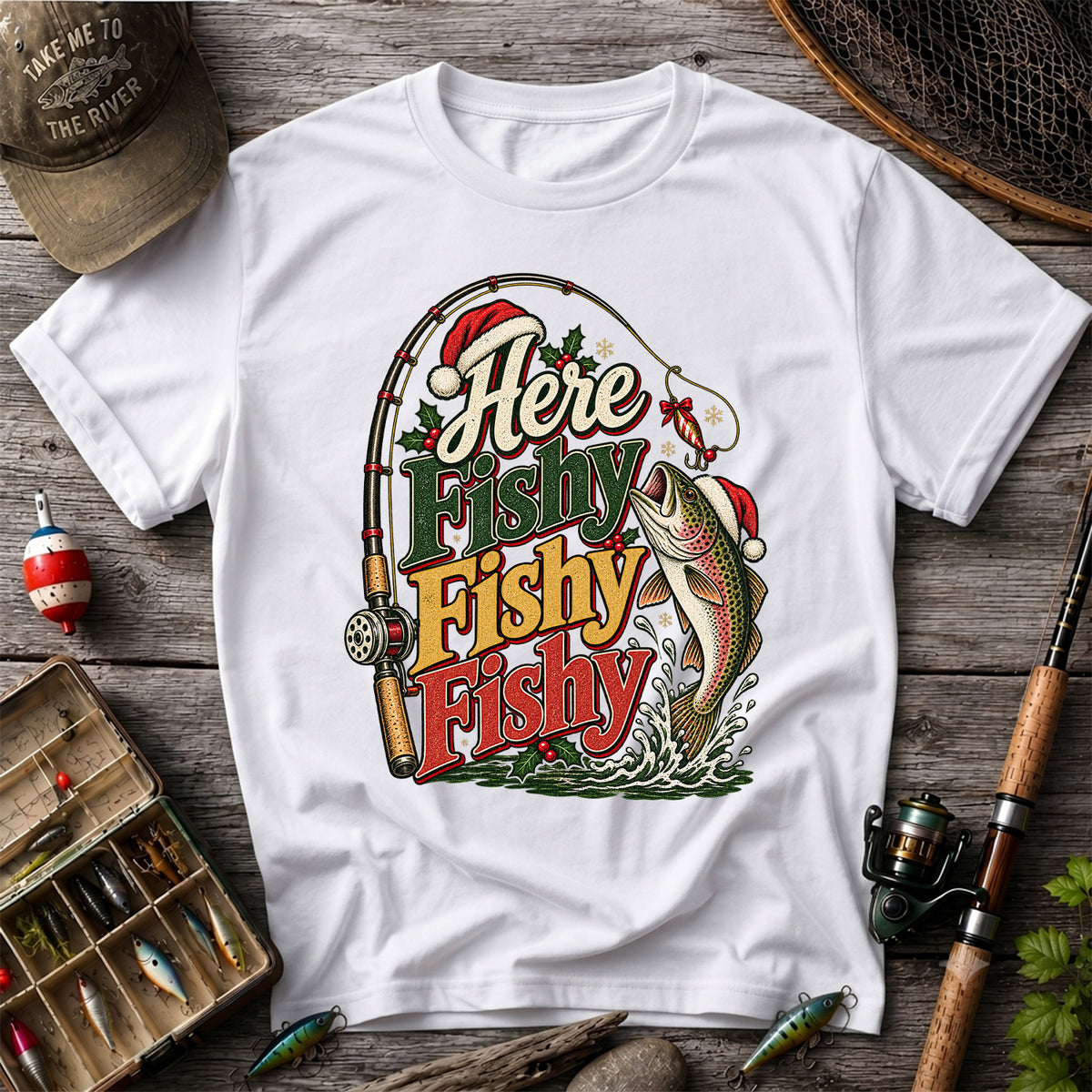 Here Fishy Fishy Fishy Christmas Rainbow Trout Fishing T-Shirt