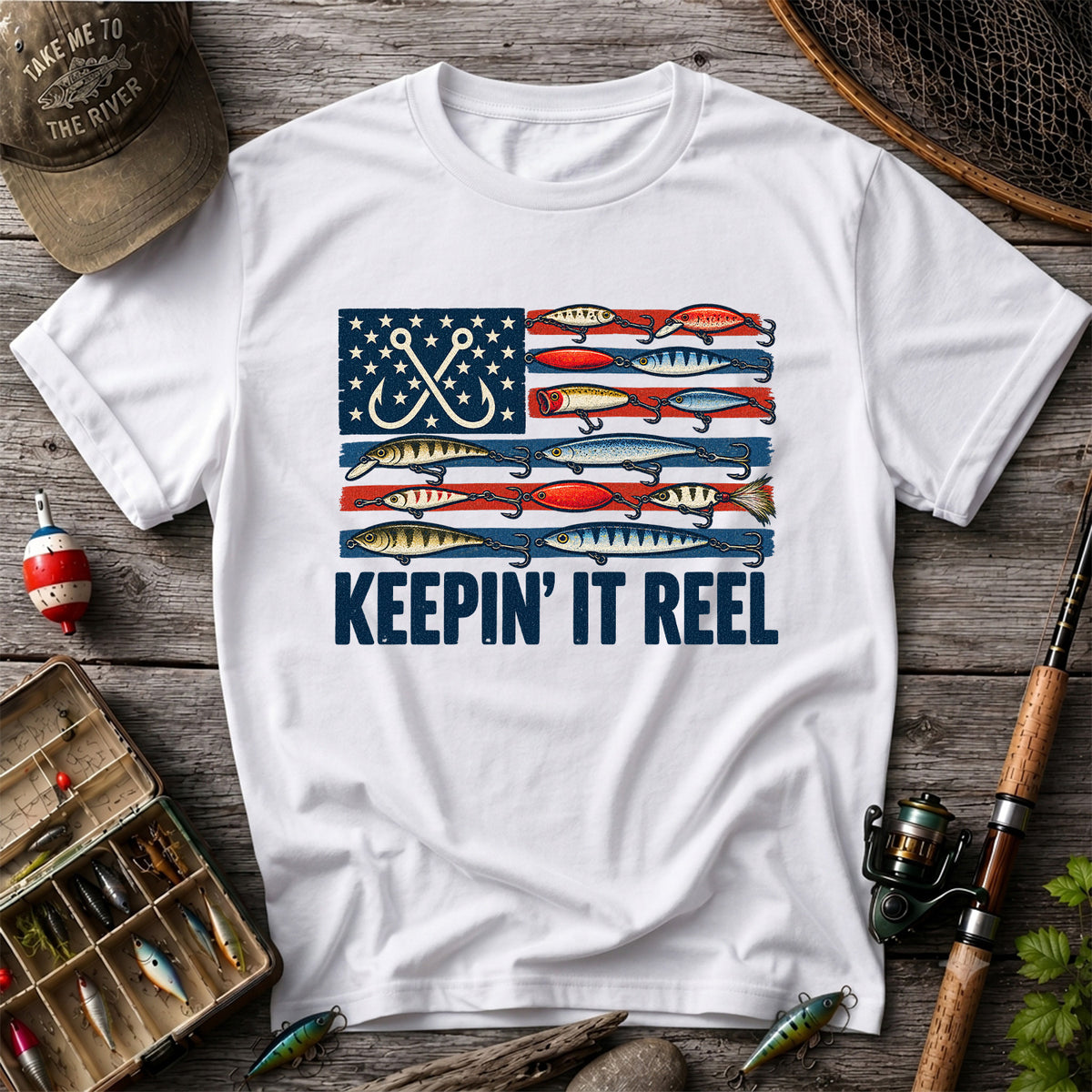 Keepin' It Reel American Flag Fishing Lures Graphic T-Shirt