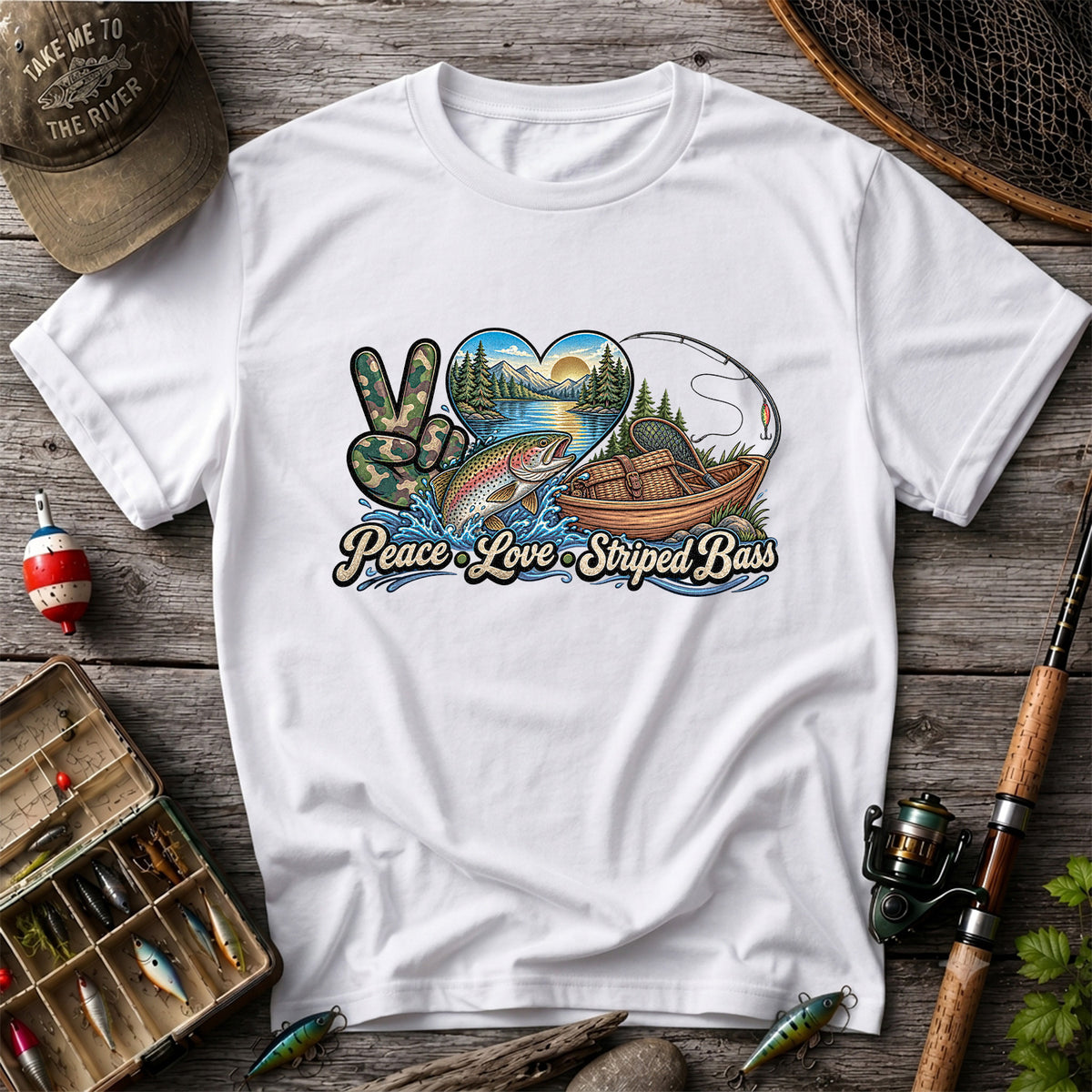 Peace Love Striped Bass Lake and Boat Fishing Graphic T-Shirt
