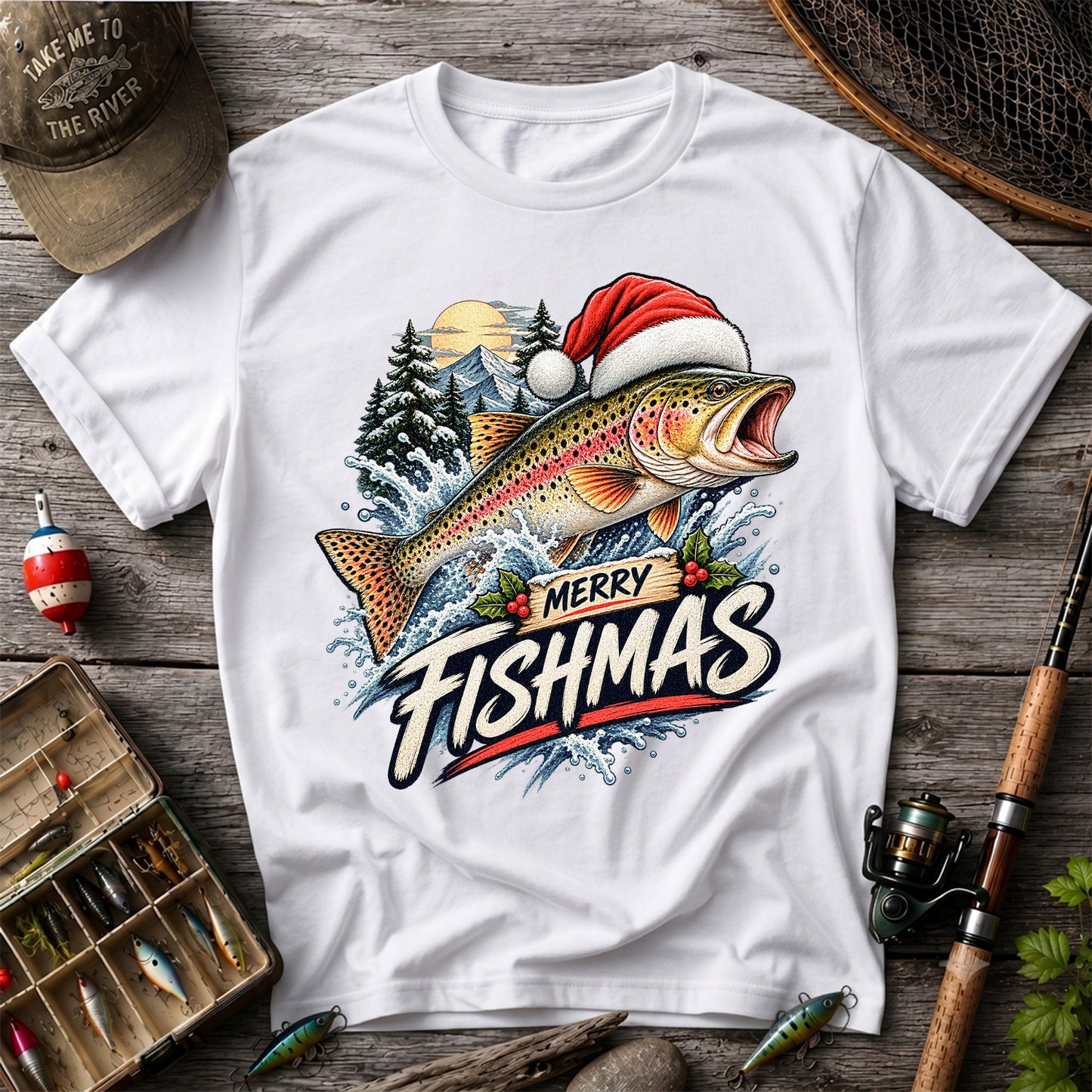 Merry Fishmas Santa Hat Rainbow Trout Fishing Graphic T-Shirt