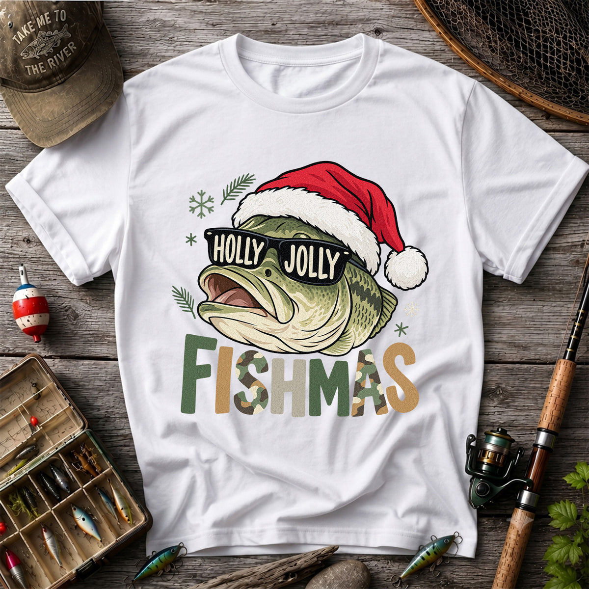 Bass Wearing Santa Hat and Holiday Glasses Fishing Graphic T-Shirt
