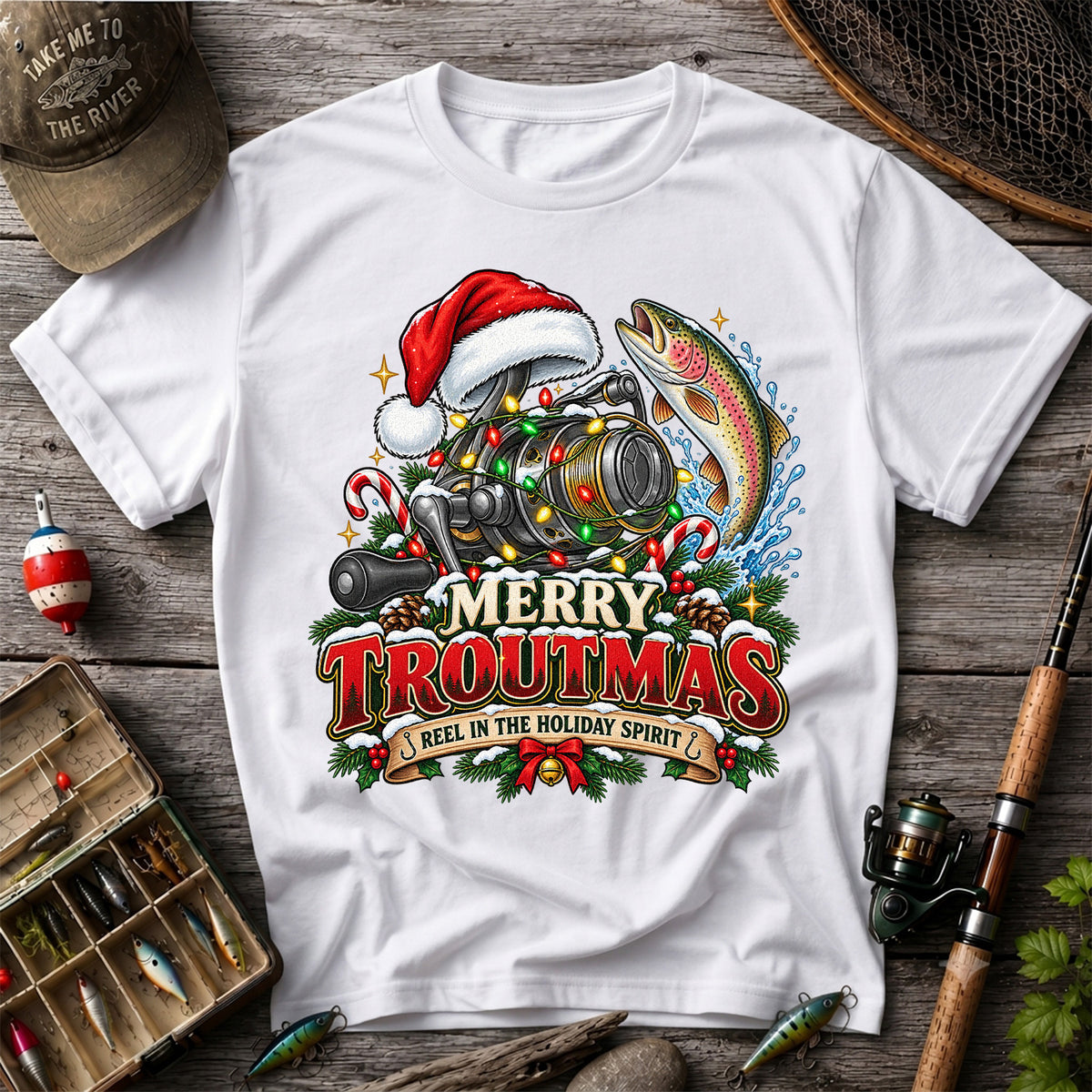 Merry Troutmas Reel in the Holiday Spirit Rainbow Trout and Fishing Reel T-Shirt