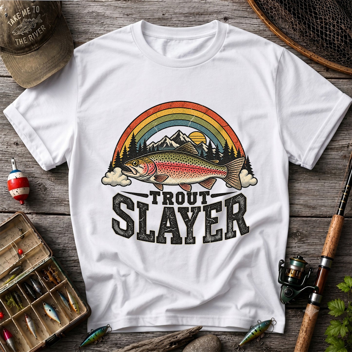 Trout Slayer Rainbow Trout Mountain Sunset Fishing T-Shirt