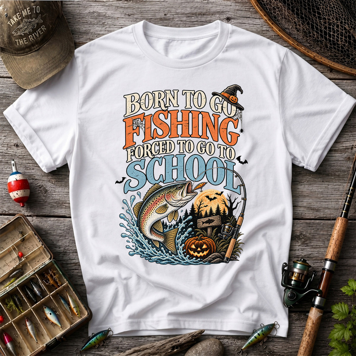 Born to Go Fishing Forced to Go to School Rainbow Trout Halloween T-Shirt