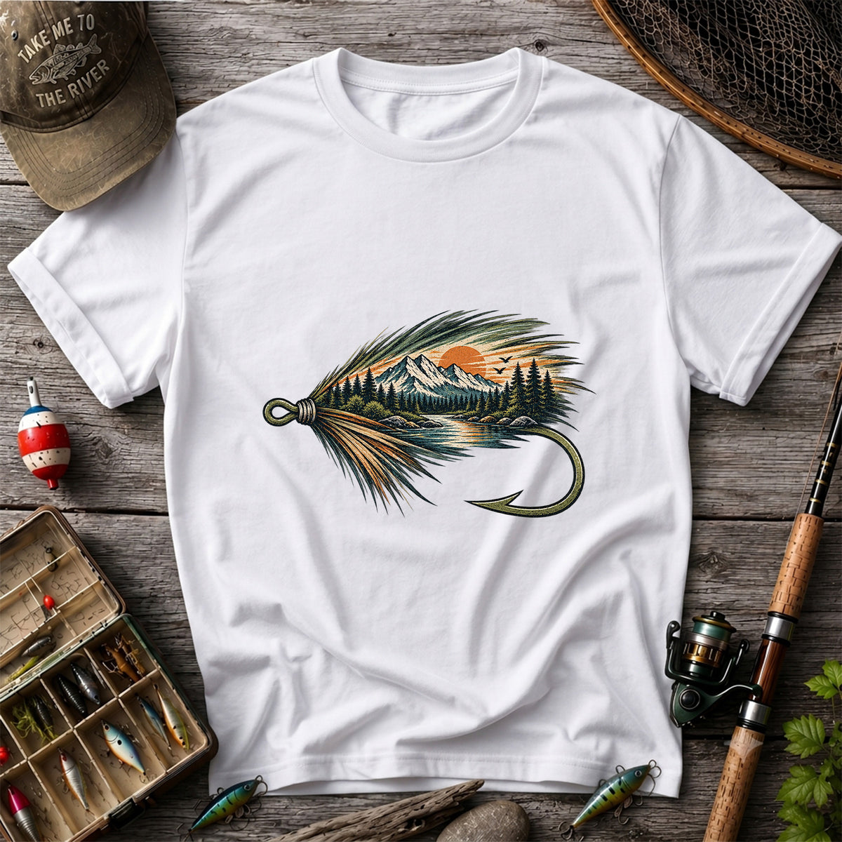 Mountain Lake Fly Fishing Hook Graphic T-Shirt