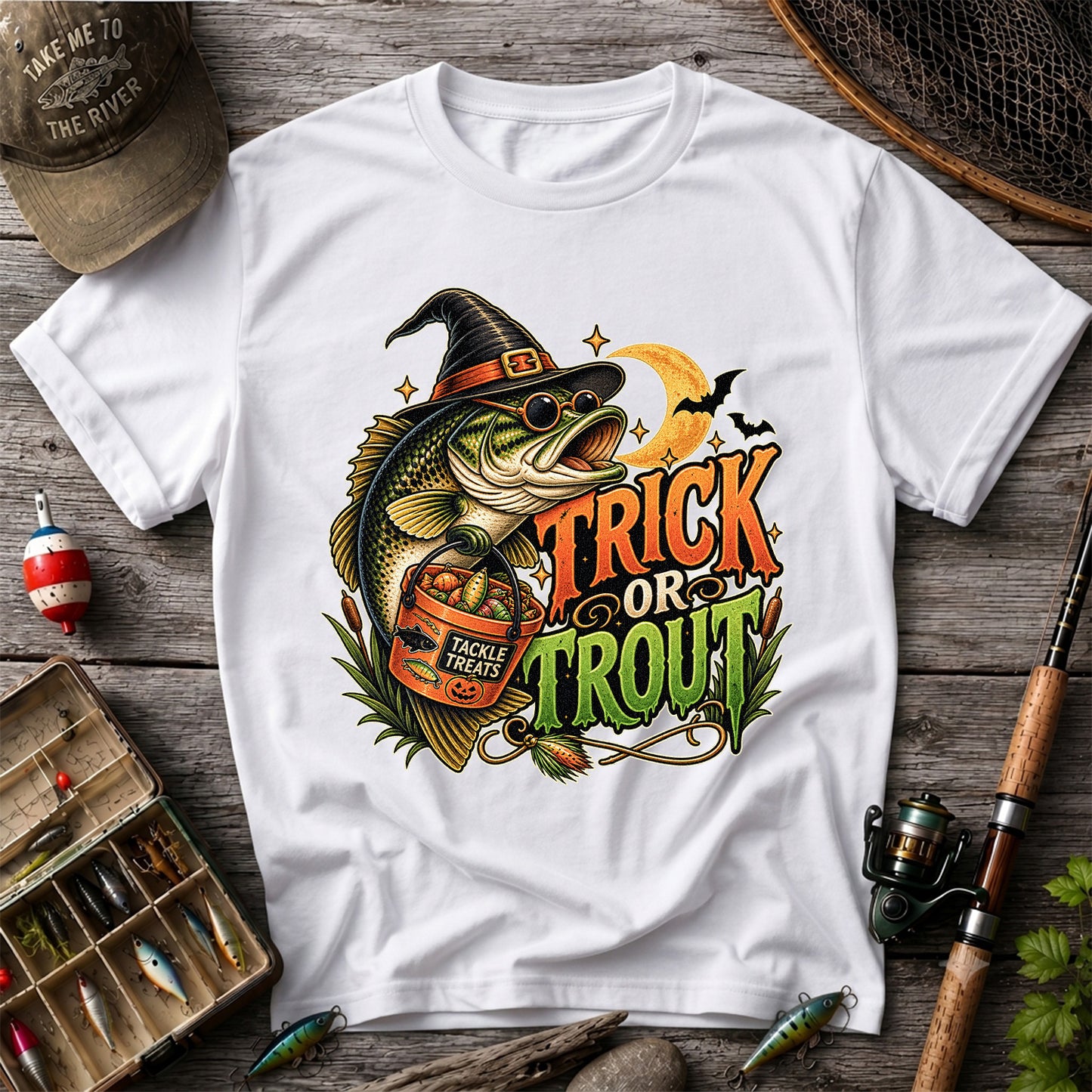 Trick or Trout Bass in Witch Hat with Tackle Treats Halloween Fishing T-Shirt