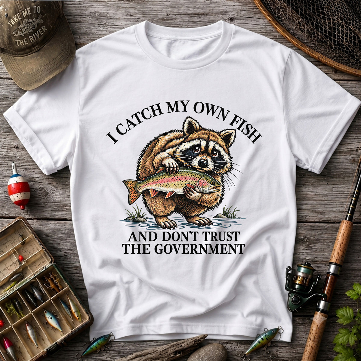 Raccoon Holding Rainbow Trout Fishing Graphic T-Shirt