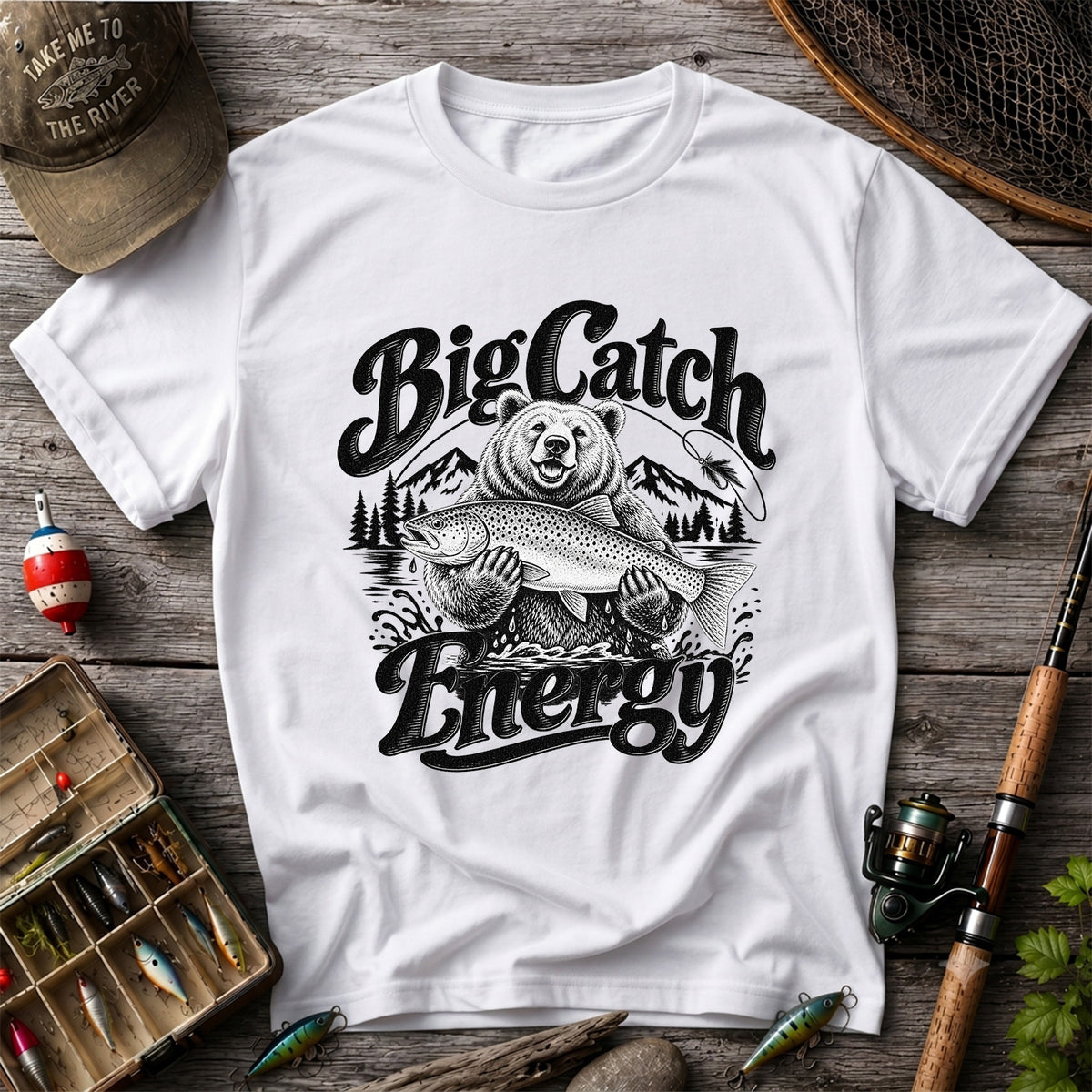 Big Catch Energy Bear Holding Trout Fishing T-Shirt