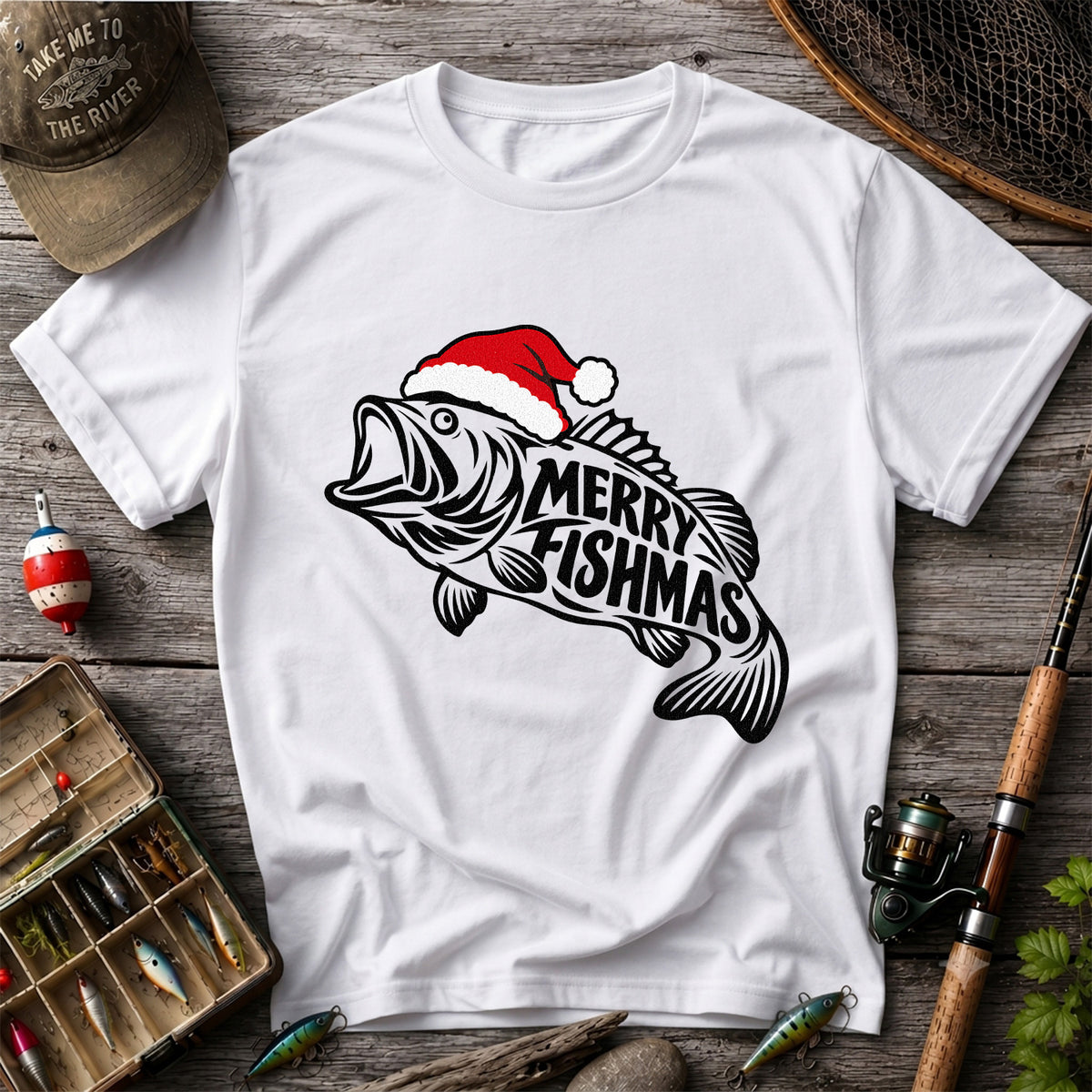 Santa Hat Fish Christmas Fishing Graphic T-Shirt