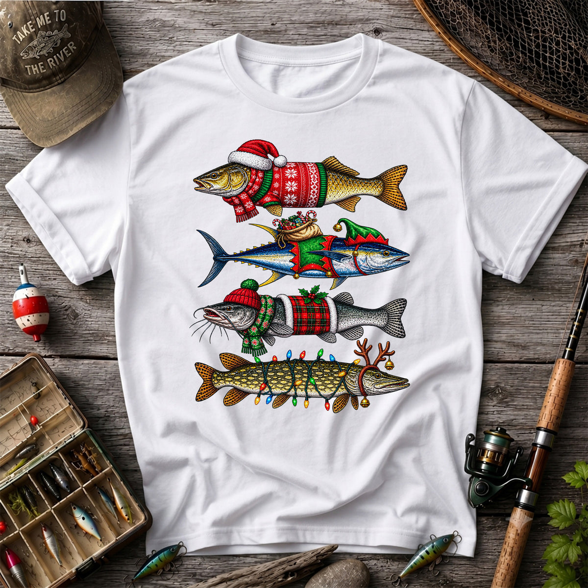 Christmas Fish in Festive Sweaters Fishing Graphic T-Shirt