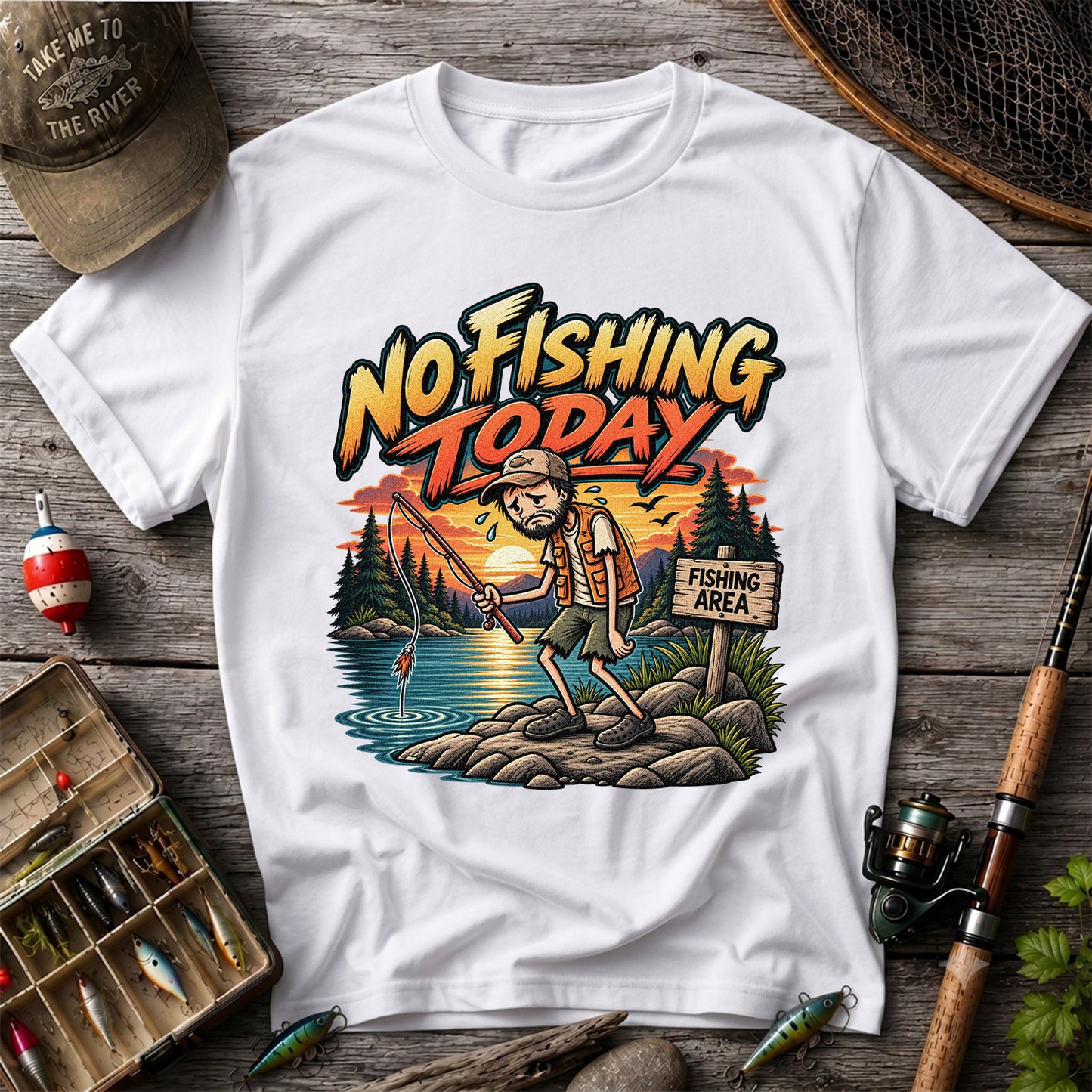 No Fishing Today Sad Angler at the Fishing Area Funny T-Shirt