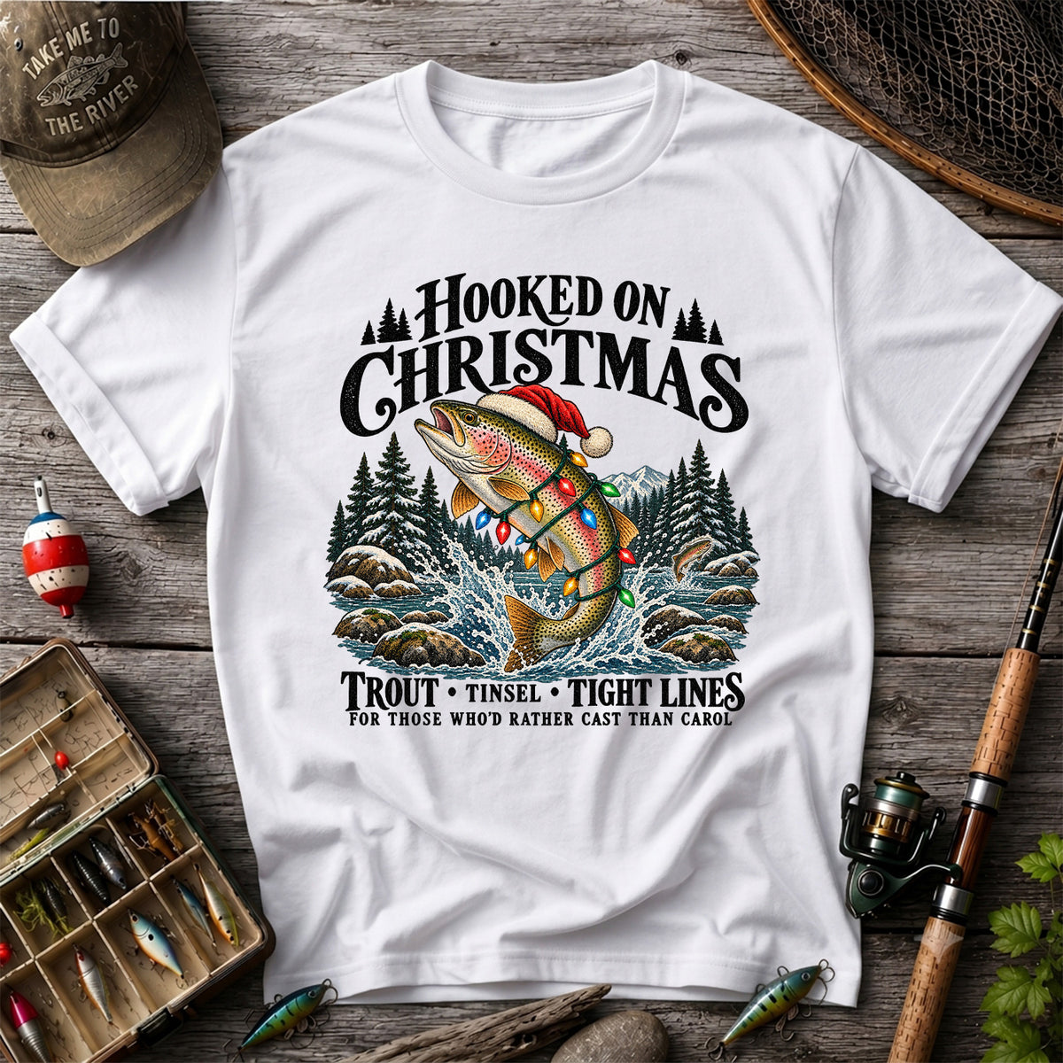 Hooked on Christmas Rainbow Trout Fishing Graphic T-Shirt