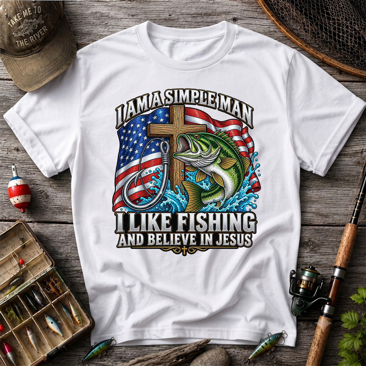 American Flag Bass Fishing Faith Patriotic Graphic T-Shirt