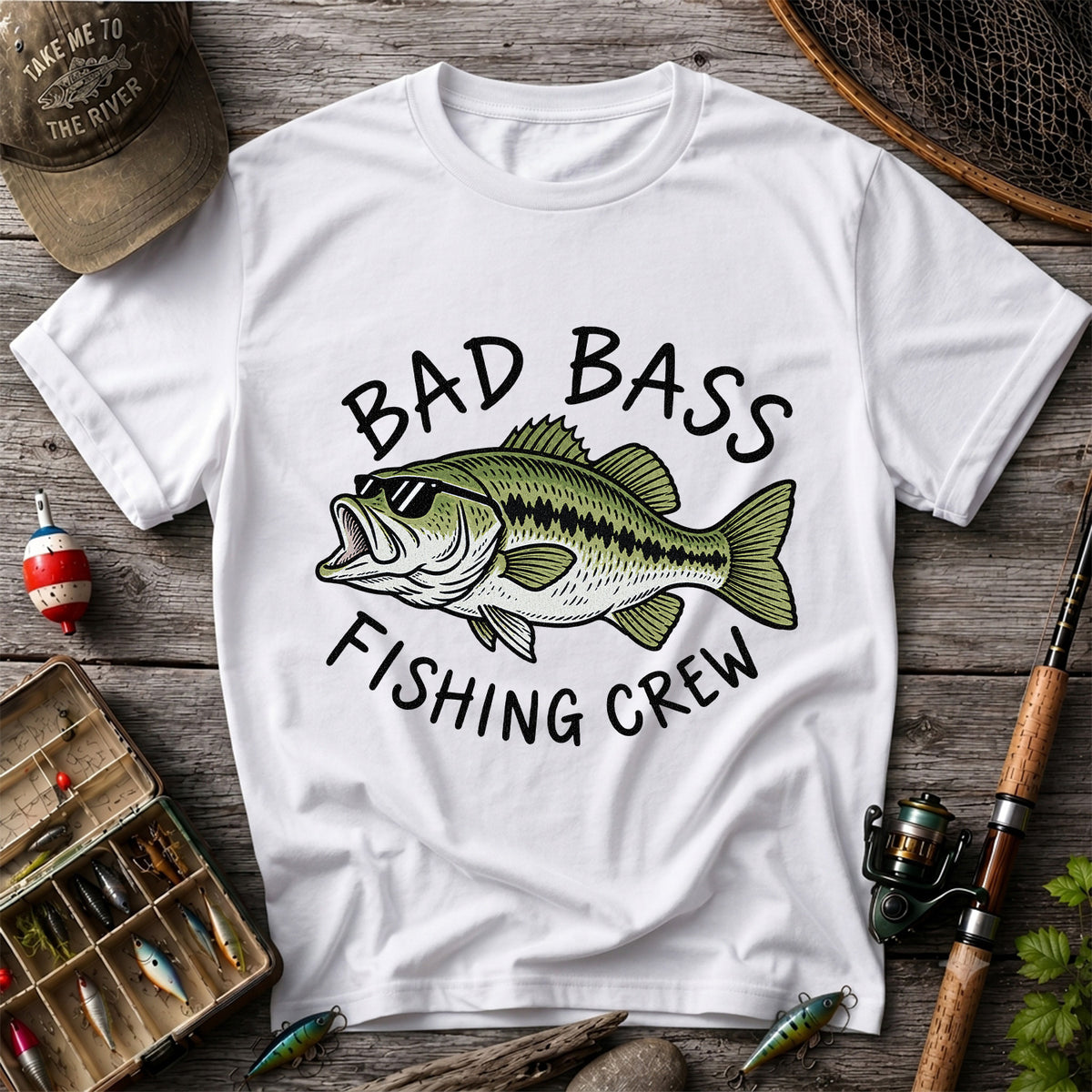 Bad Bass Fishing Crew Funny Graphic T-Shirt
