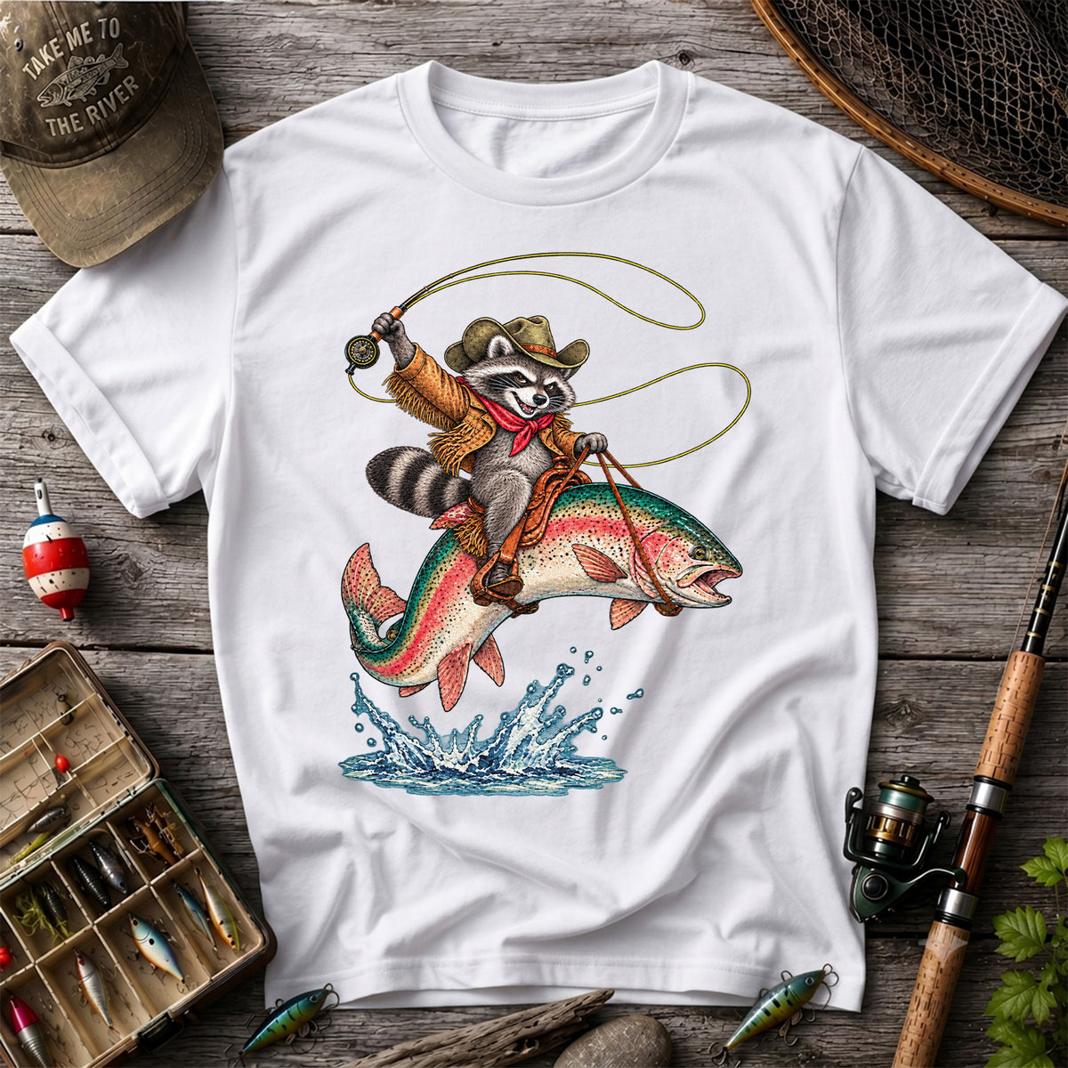 Cowboy Raccoon Riding a Rainbow Trout Fishing Graphic T-Shirt