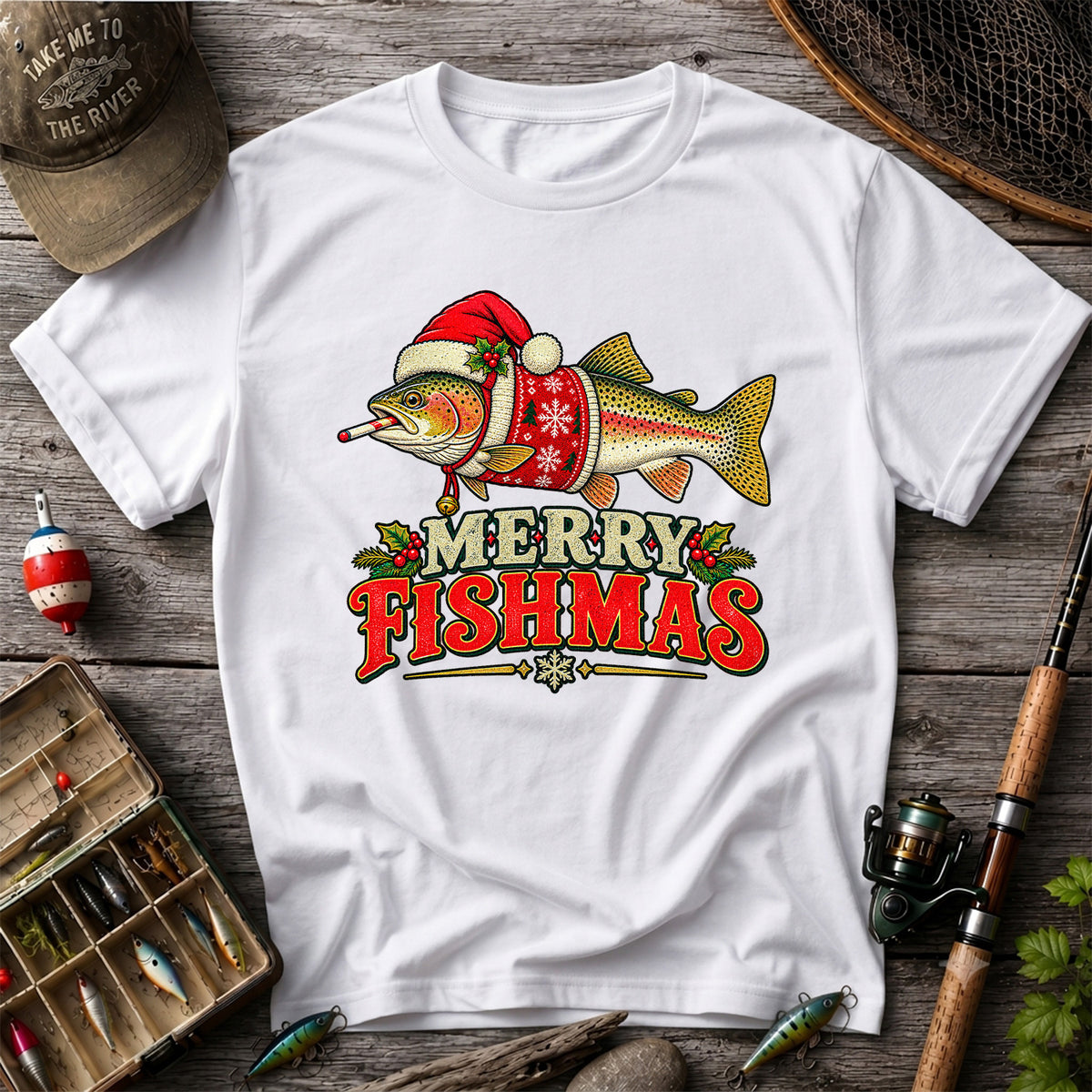Christmas Trout Santa Fishing Graphic T-Shirt