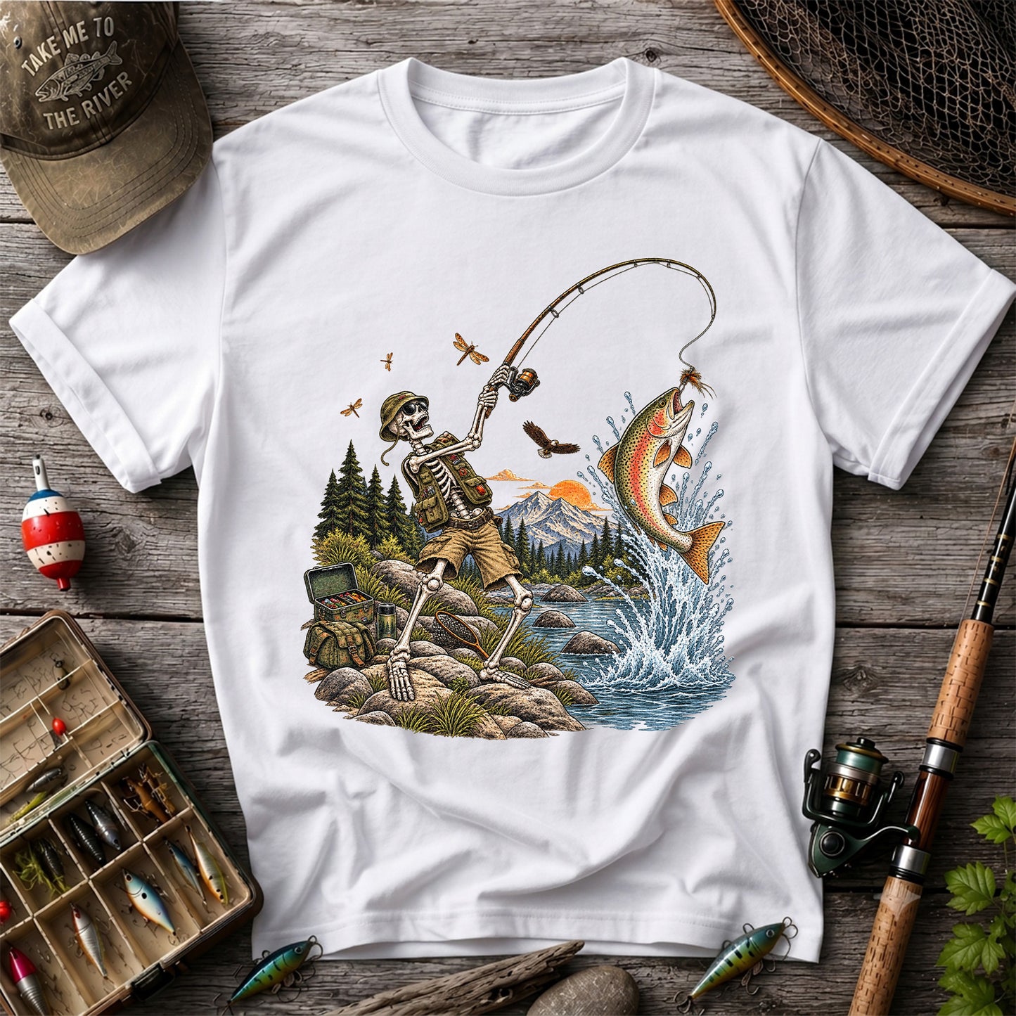 Skeleton Angler Catching Trout at a Mountain Lake Fishing T-Shirt