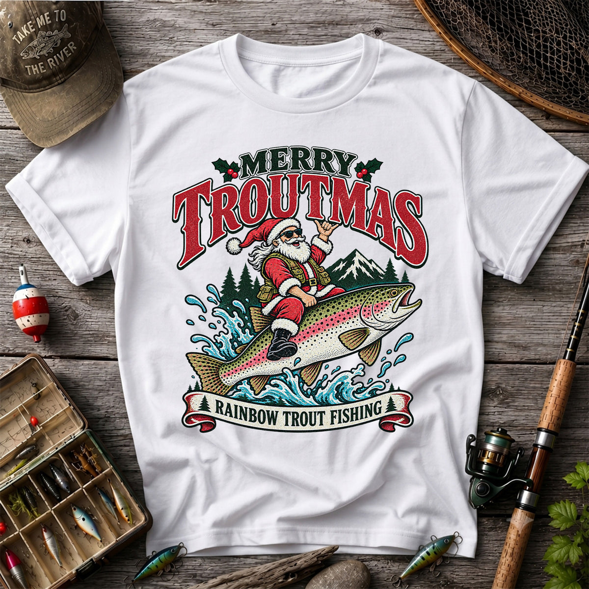 Merry Troutmas Santa Riding a Rainbow Trout Christmas Fishing T-Shirt