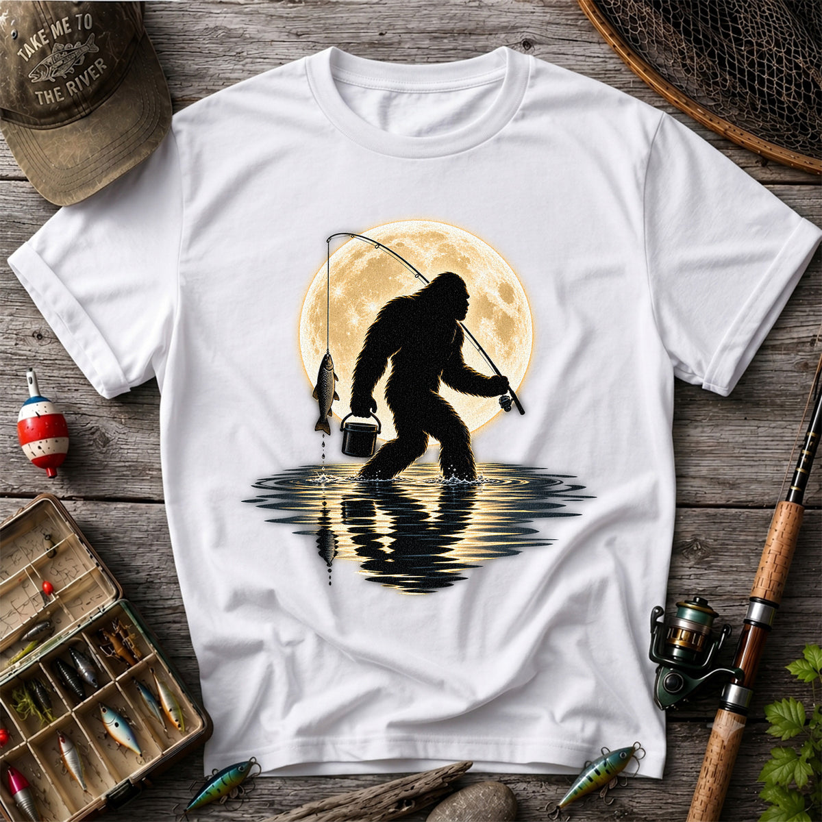Bigfoot Fishing Under a Full Moon Graphic T-Shirt