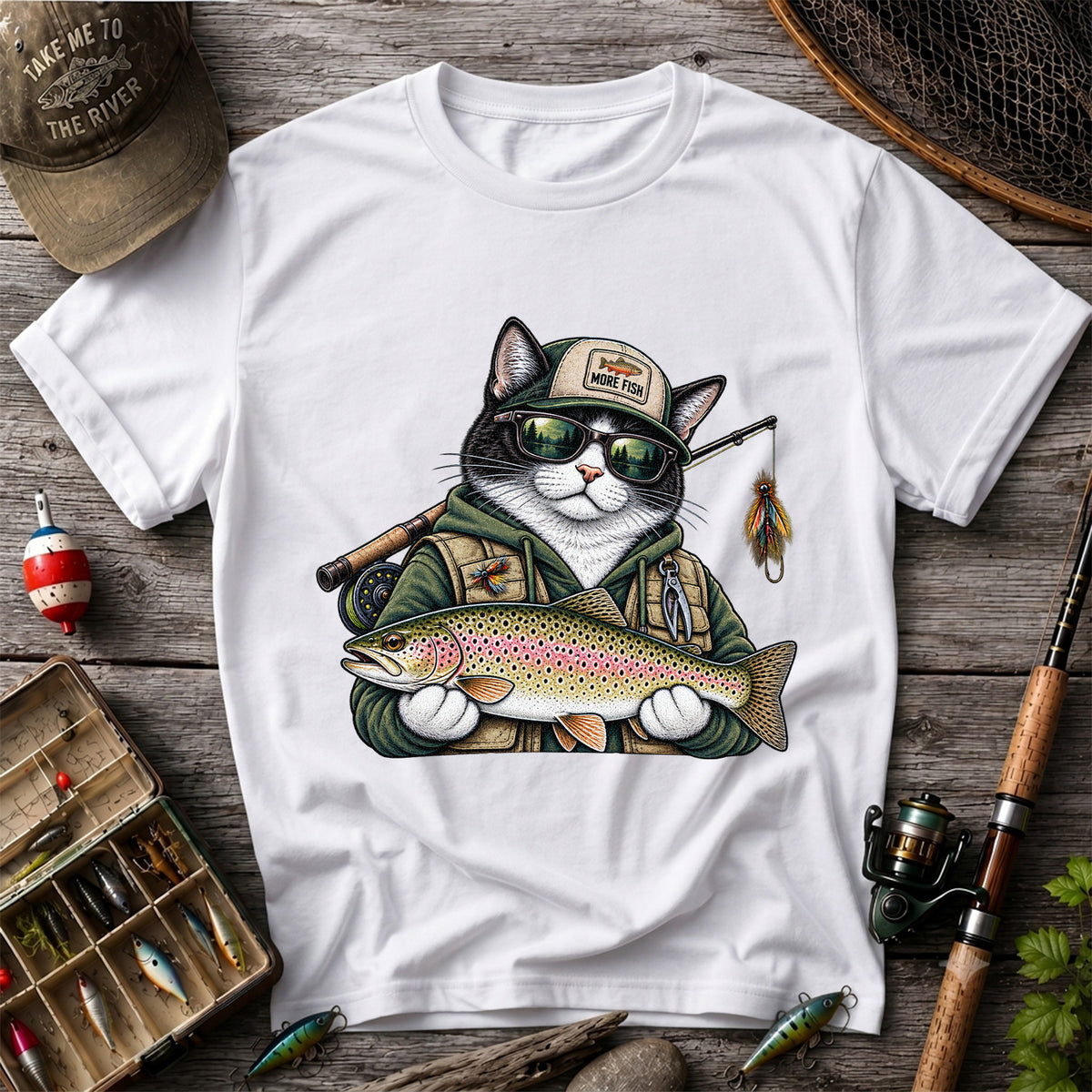 Cat Holding Rainbow Trout Fishing Graphic T-Shirt