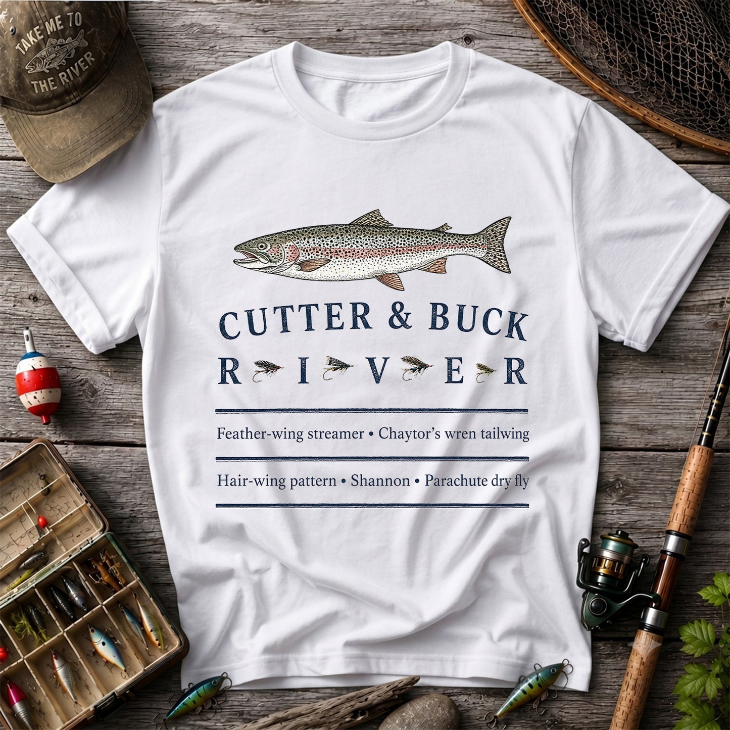 River Rainbow Trout and Classic Fly Patterns Fishing T-Shirt