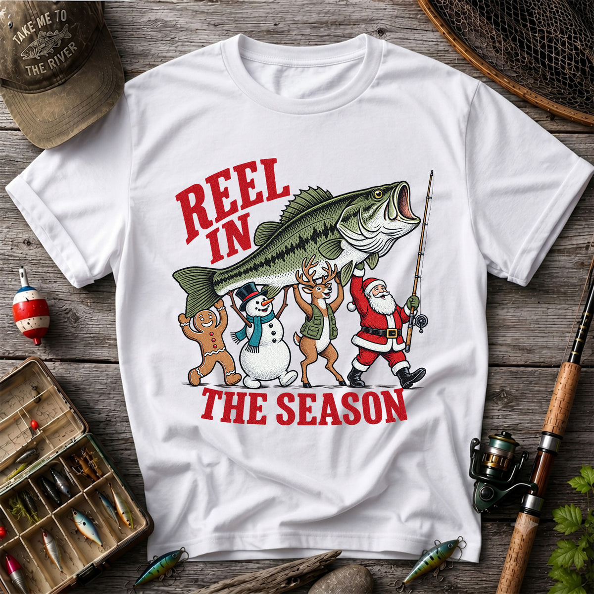Reel in the Season Bass Christmas Fishing Graphic T-Shirt