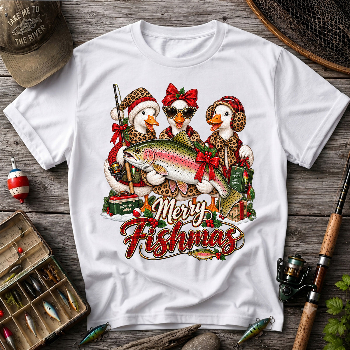 Merry Fishmas Christmas Ducks with Rainbow Trout Fishing T-Shirt