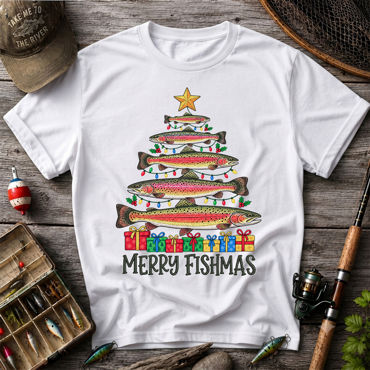 Rainbow Trout Christmas Tree Fishing Graphic T-Shirt