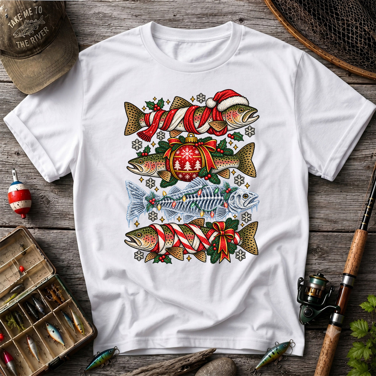 Christmas Rainbow Trout and Fish Skeleton Fishing Graphic T-Shirt