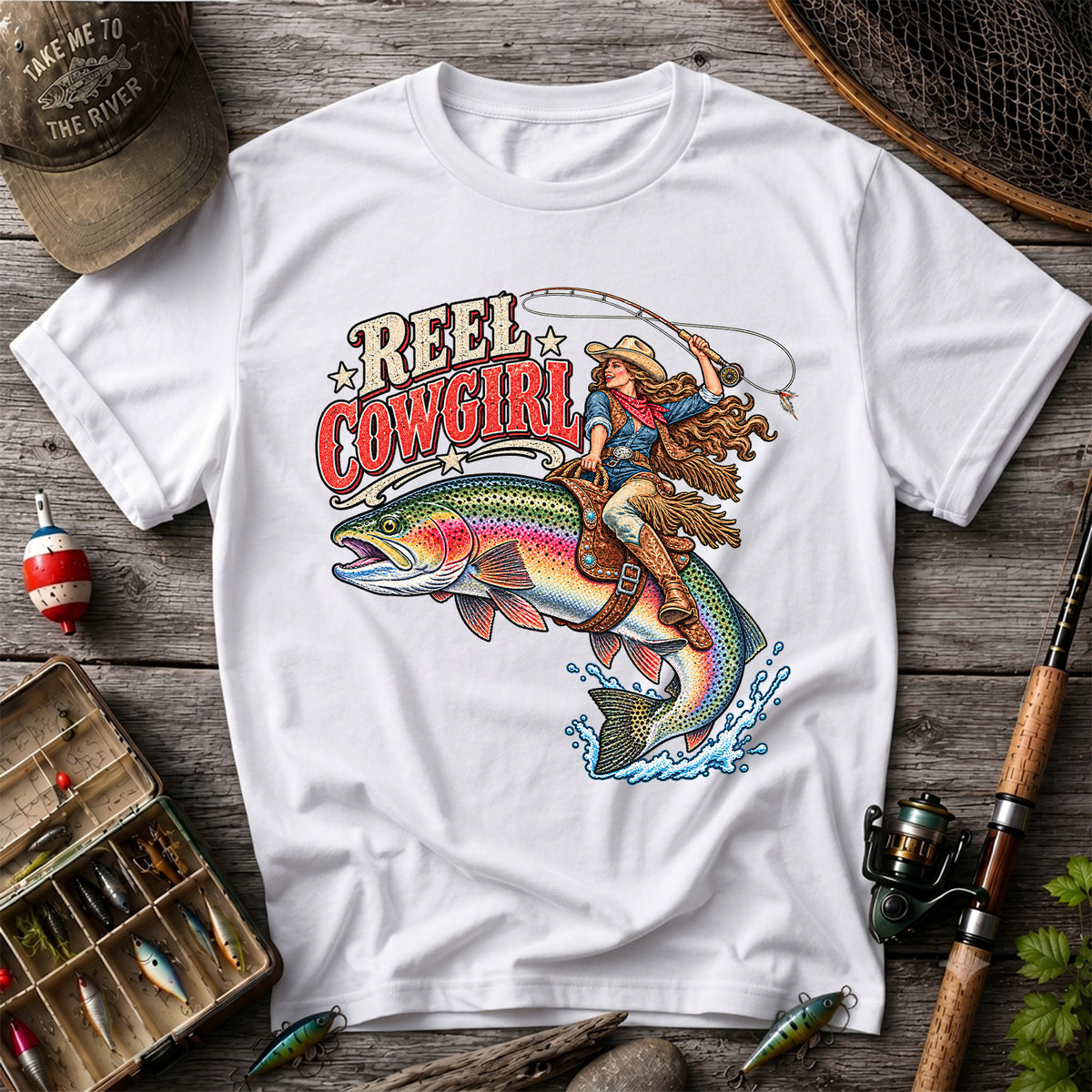 Reel Cowgirl Riding a Rainbow Trout Fly Fishing T-Shirt