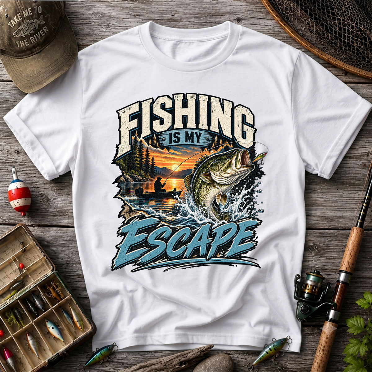 Fishing Is My Escape Jumping Bass and Sunset Lake Graphic T-Shirt