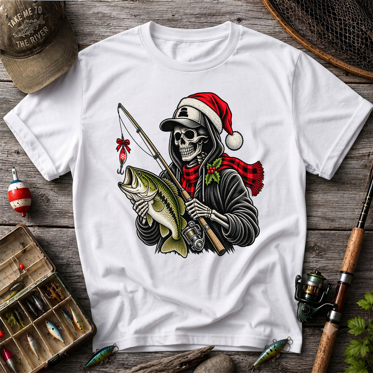 Christmas Skeleton Angler with Santa Hat and Bass Fishing T-Shirt