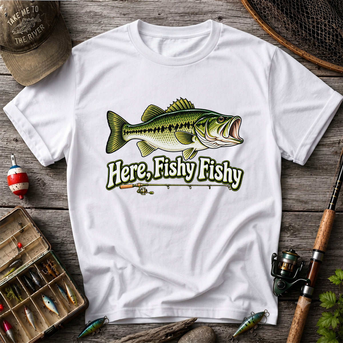 Here Fishy Fishy Funny Largemouth Bass Fishing Graphic T-Shirt