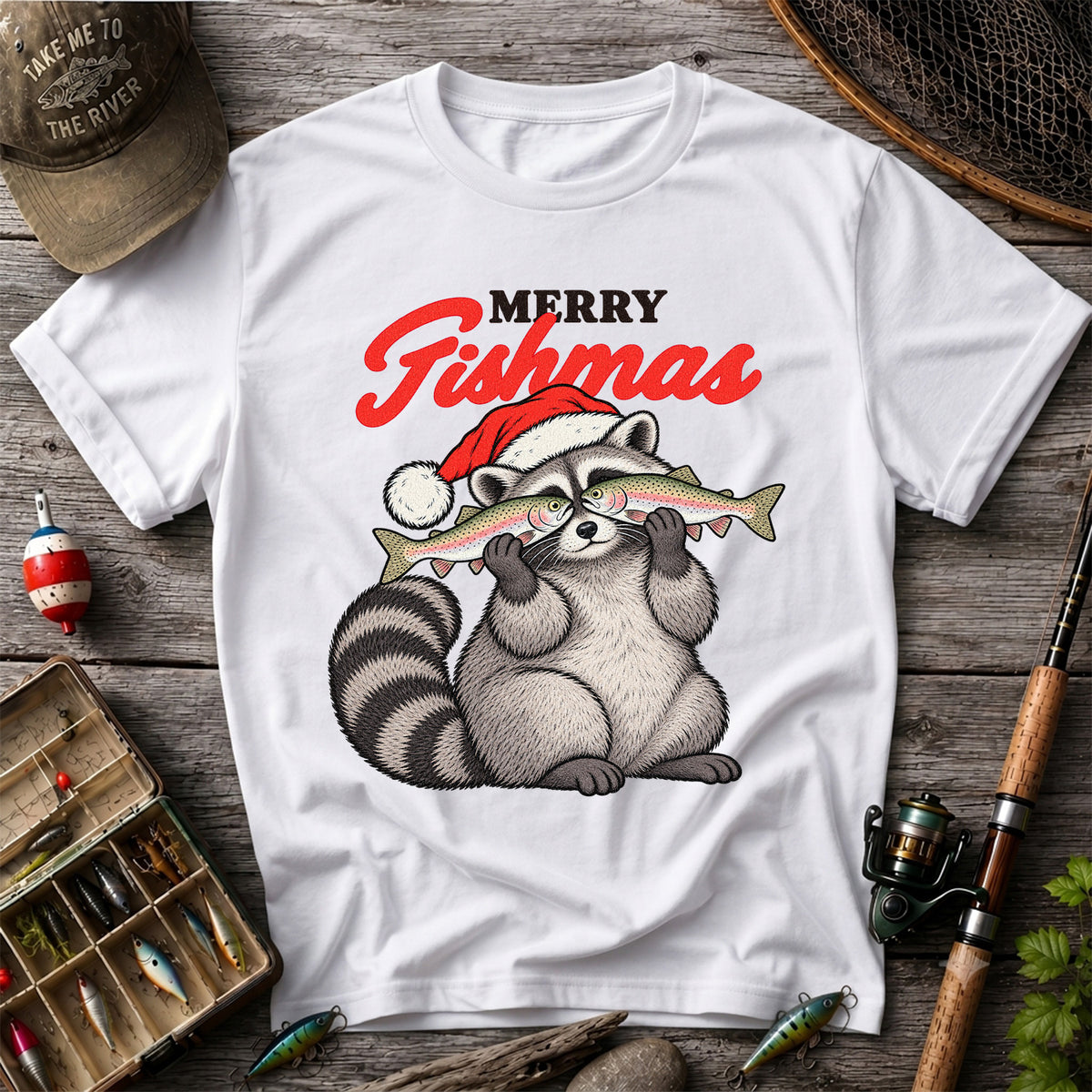 Santa Raccoon Holding Fish Christmas Fishing Graphic T-Shirt