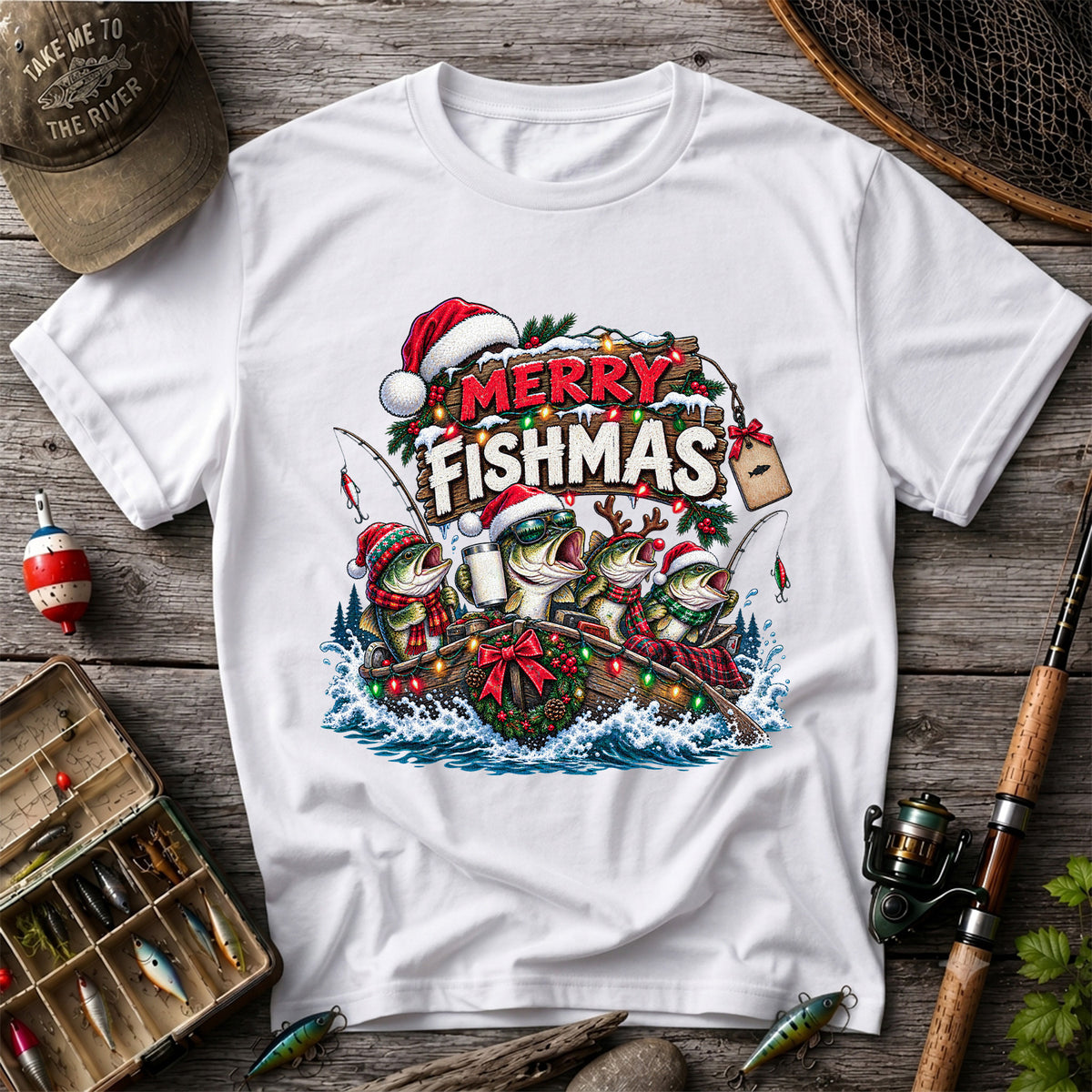 Merry Fishmas Christmas Bass in a Fishing Boat Graphic T-Shirt