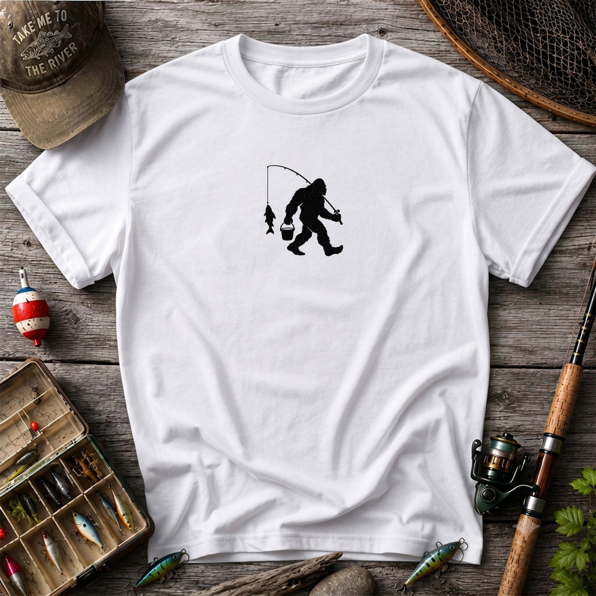 Fishing Silhouette with Catch and Bucket Graphic T-Shirt