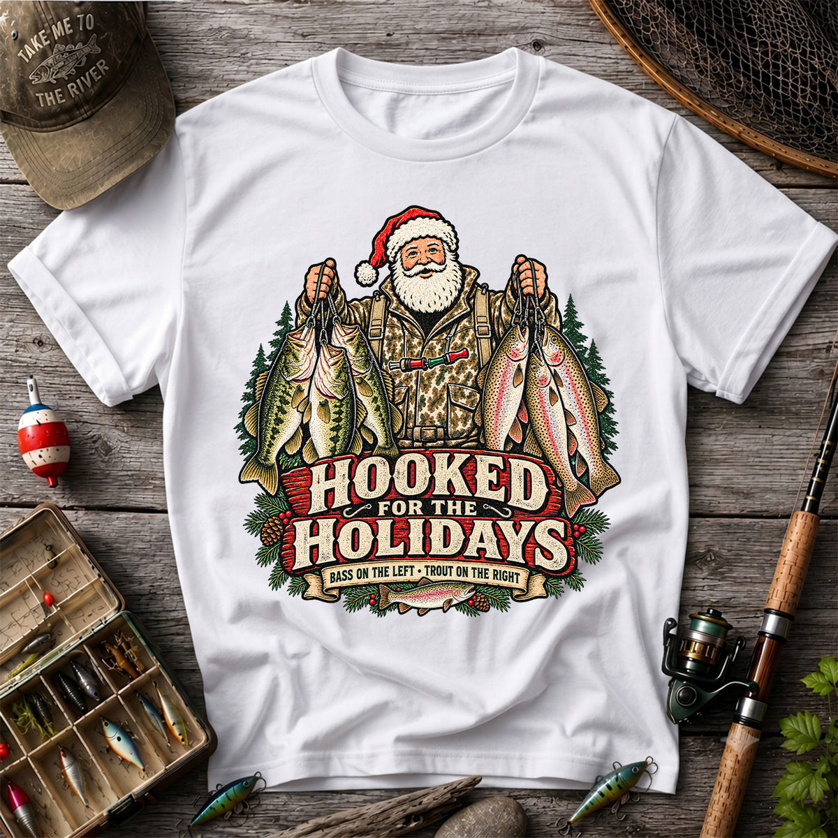 Hooked for the Holidays Bass on the Left Trout on the Right Santa Christmas Fishing T-Shirt