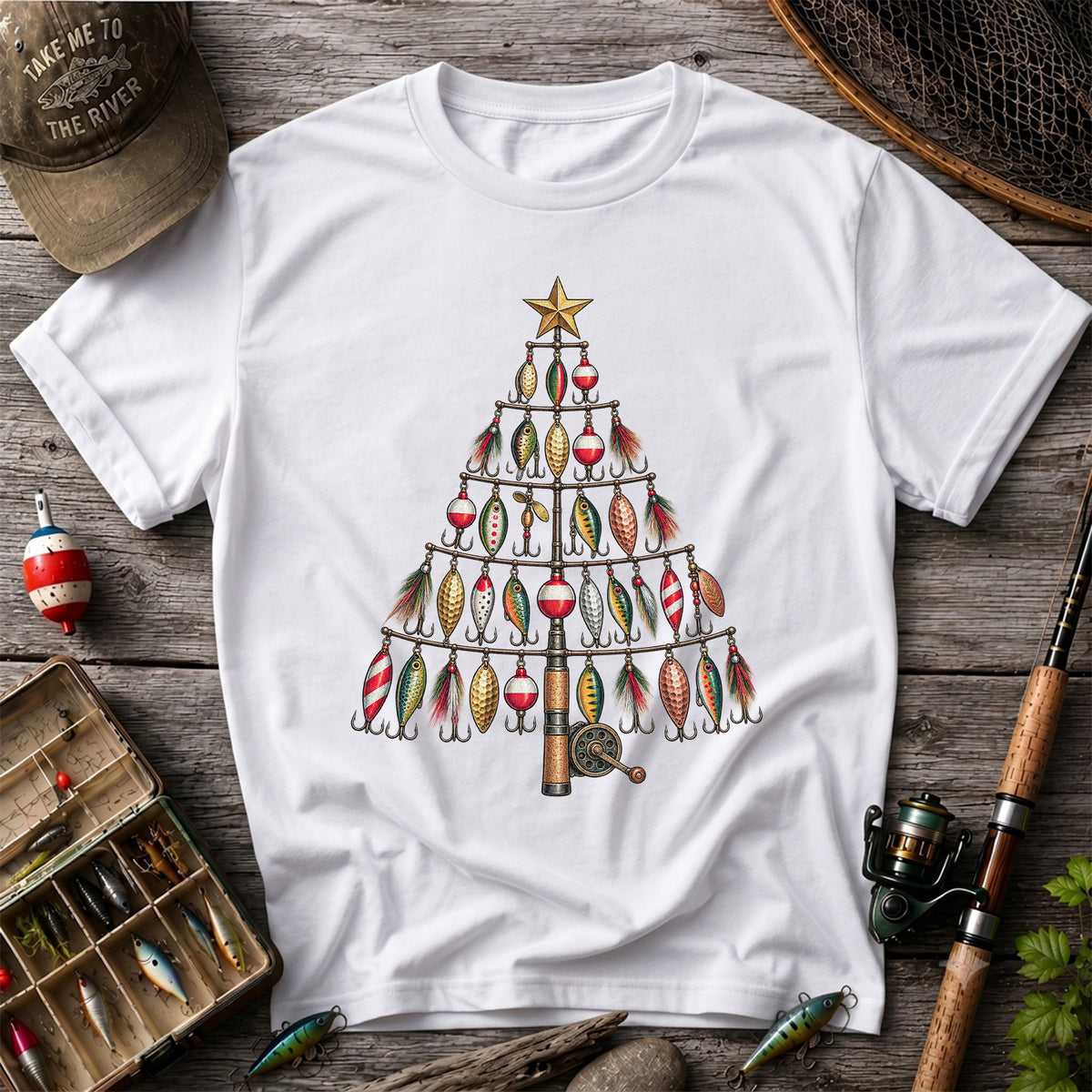 Fishing Lure Christmas Tree with Rod and Reel Graphic T-Shirt