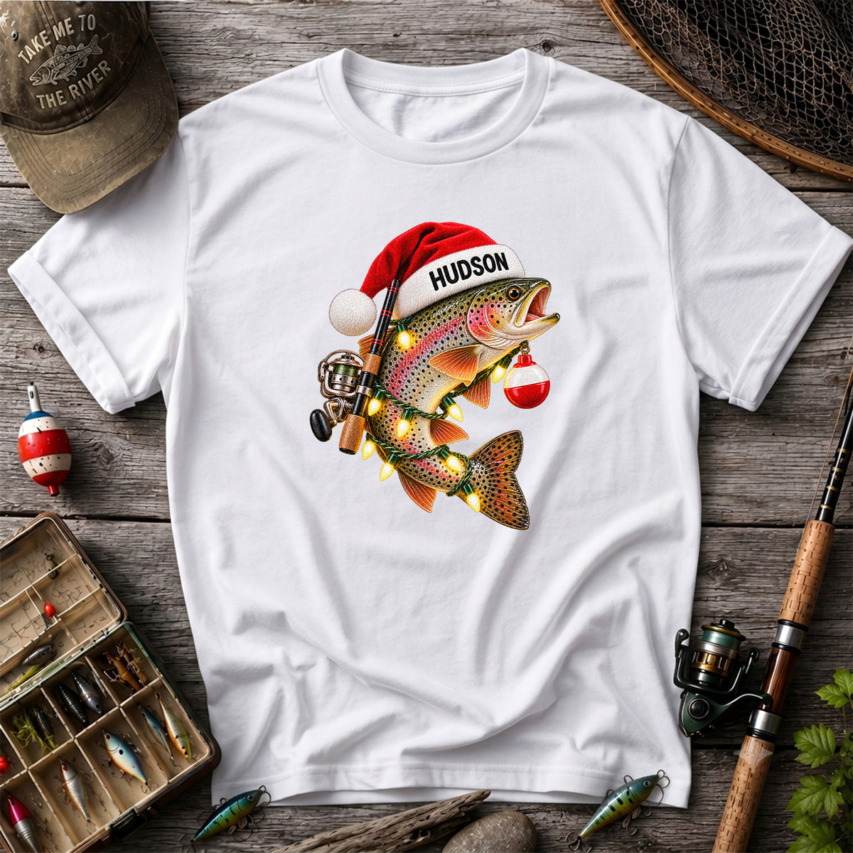 Hudson Santa Hat Rainbow Trout Christmas Fishing T-Shirt