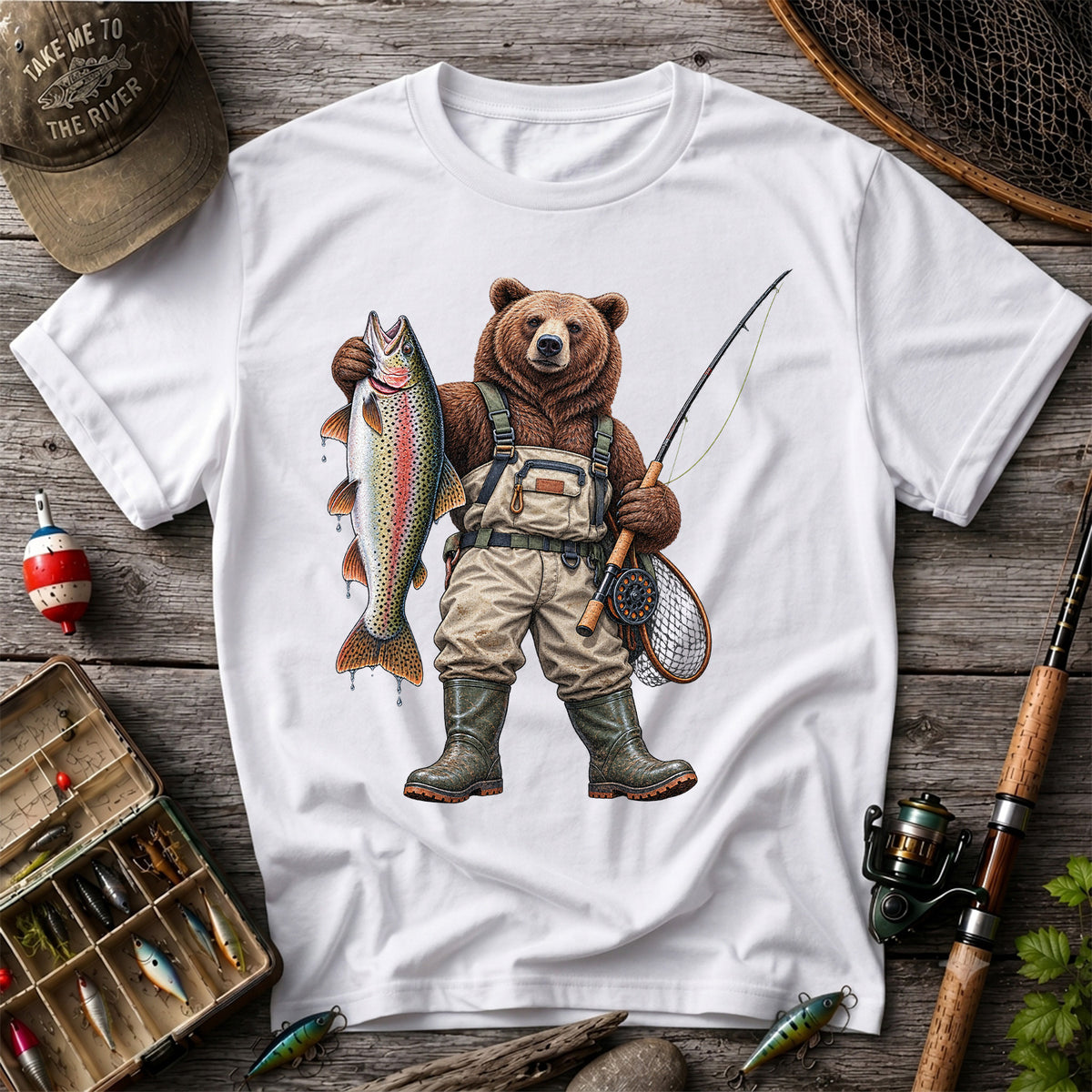 Bear Fishing with Rainbow Trout Outdoor Graphic T-Shirt
